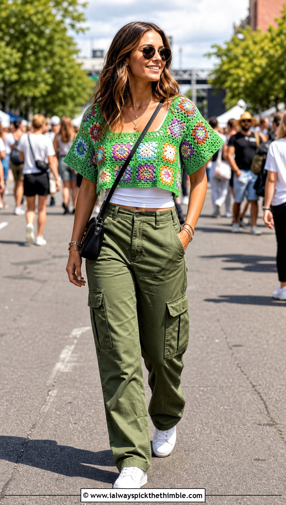 Granny Square Crochet Top With Cargo Pants - 20 Flowy Crochet Top outfit ideas