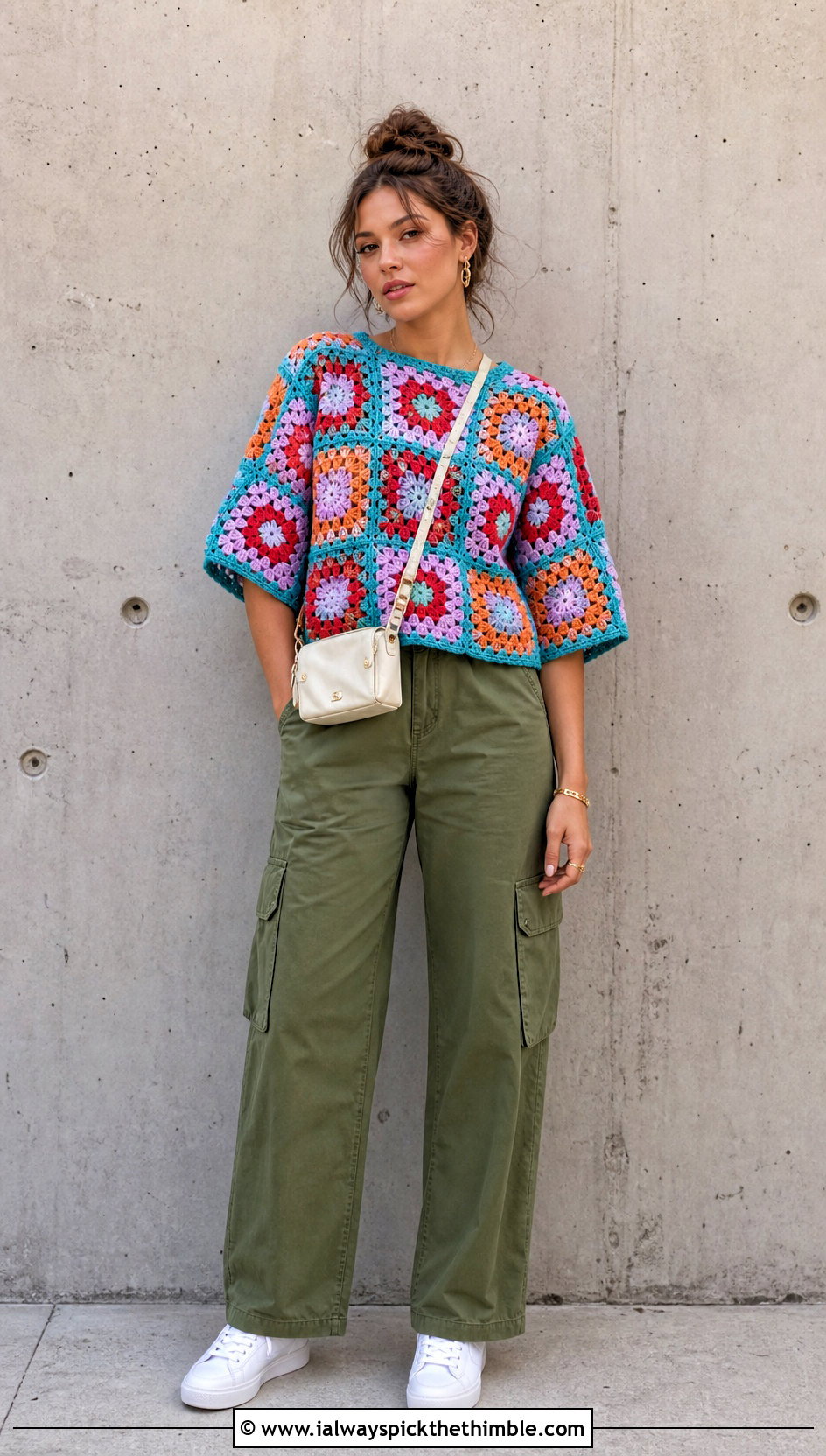 Granny Square Crochet Top With Cargo Pants - 25 crochet going out top outfit ideas