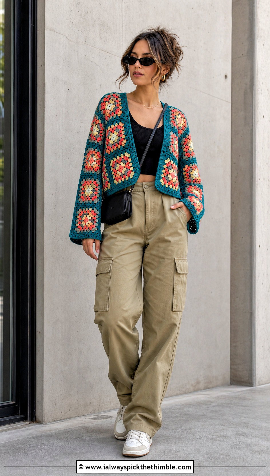 Granny Square Crochet Top With Cargo Pants - 25 crochet top for women outfit ideas