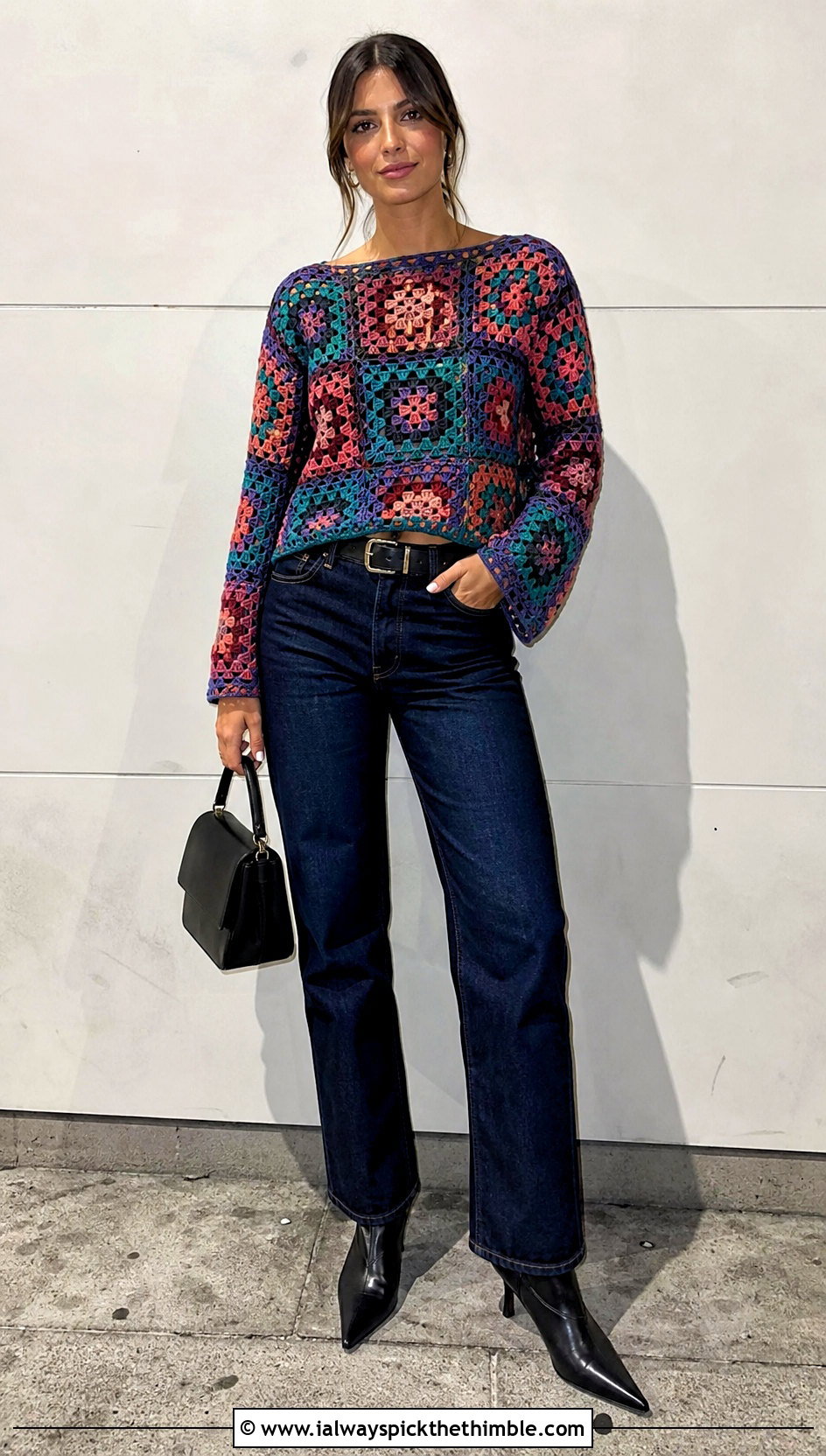 Granny Square Crochet Top With Dark Straight Jeans - 25 Elegant Crochet Top outfit ideas
