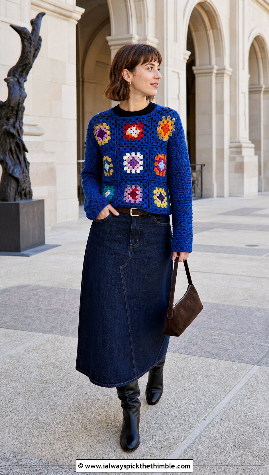 Granny Square Crochet Top With Denim Maxi Skirt - 20 Crochet Tops For Fall outfit ideas