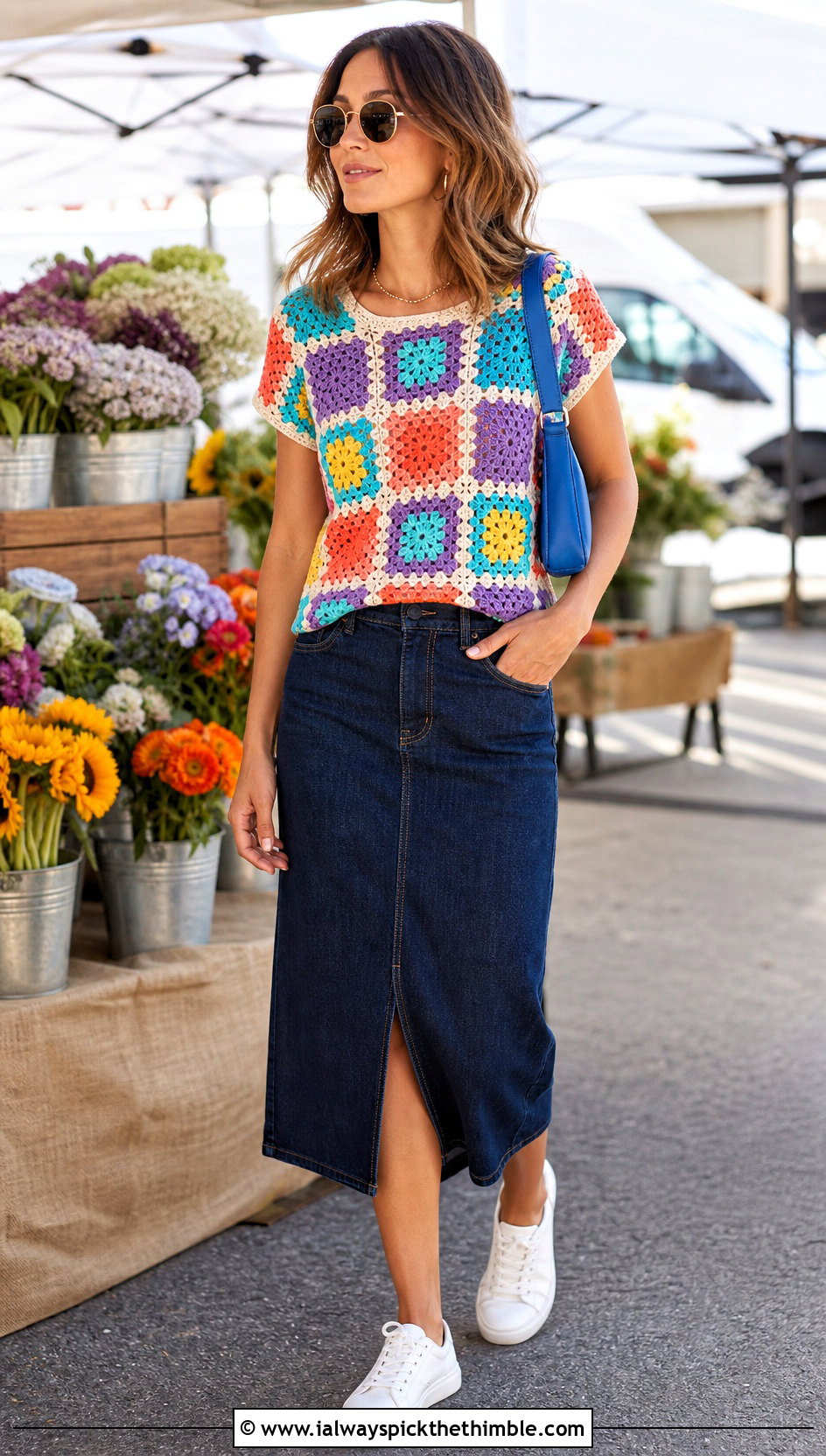 Granny Square Crochet Top With Denim Midi Skirt - 25 Belly Crochet Top outfit ideas