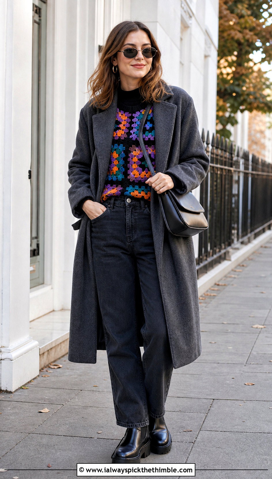 Granny Square Crochet Top With Straight Leg Jeans - 25 winter crochet top outfit ideas