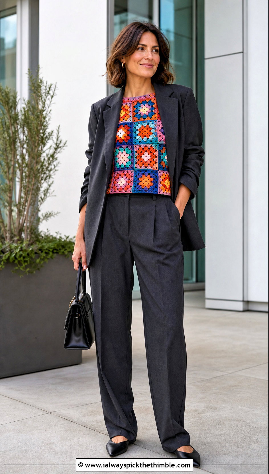 Granny Square Crochet Top With Tailored Trousers - 25 crochet top outfit ideas