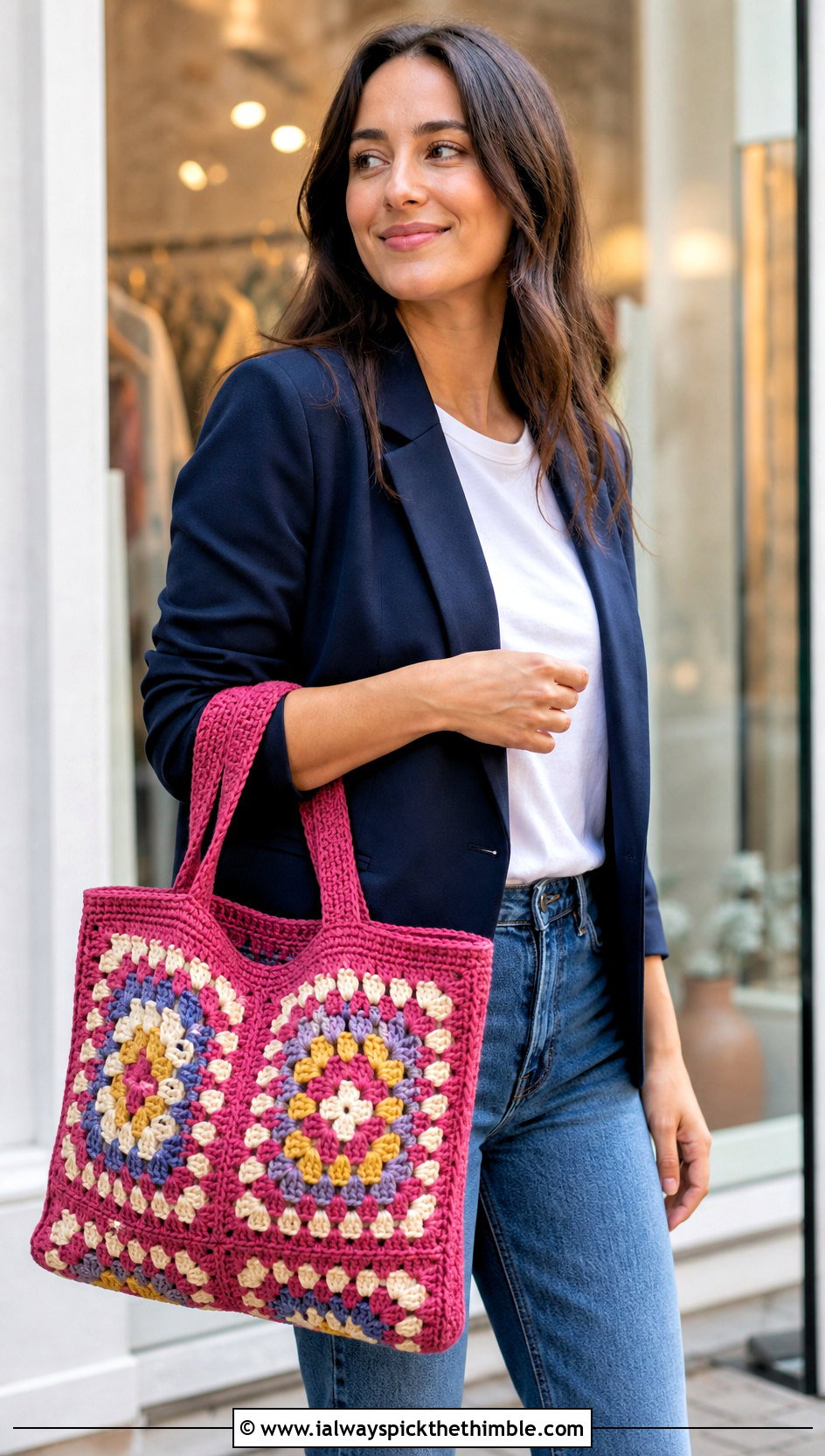 Granny Square Crochet Tote With Blazer And Jeans - 25 crochet clothes and accessories outfit ideas