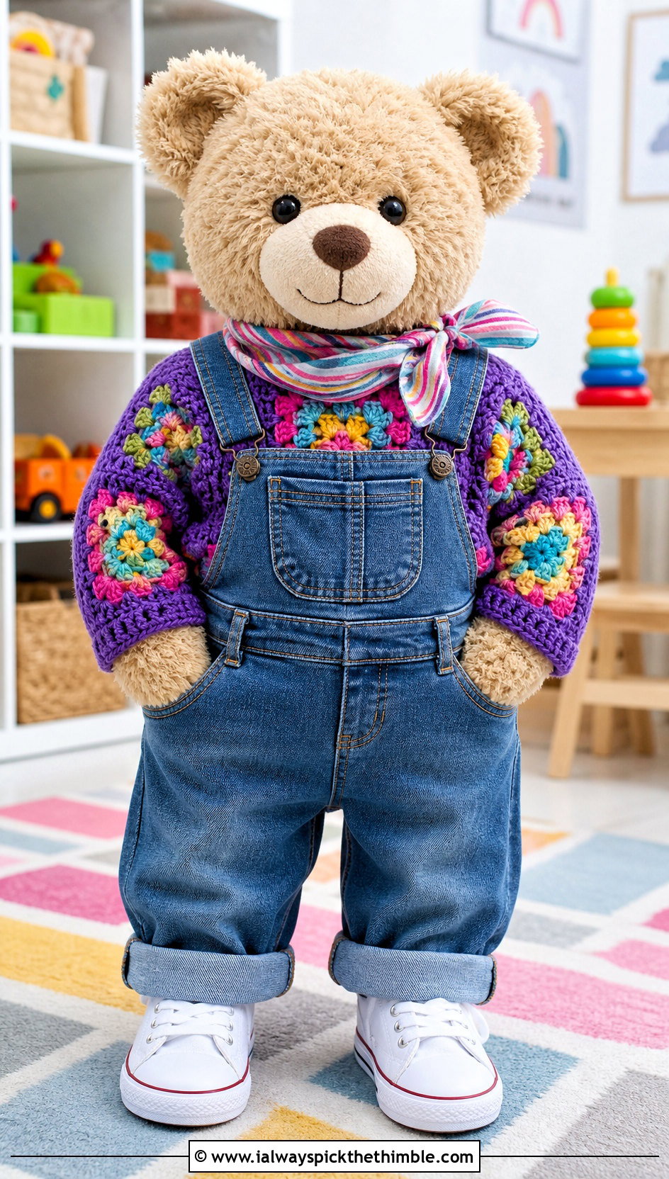 Granny Square Crochet Toy Sweater With Denim Overalls - 20 Crochet Sweater For Toy outfit ideas