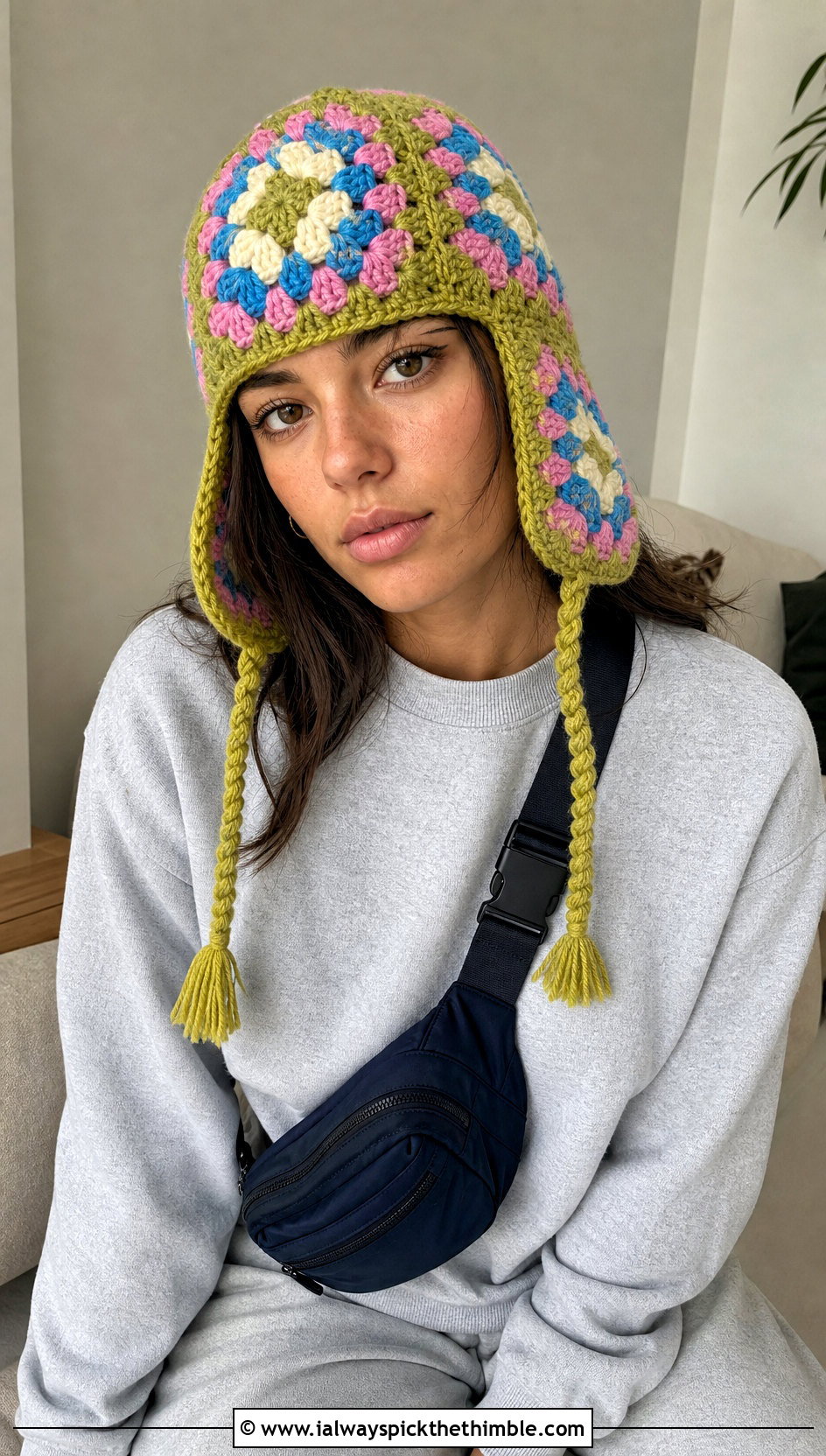 Granny Square Crochet Trapper Hat With Sweat Set - 25 Crochet Trapper Hat outfit ideas