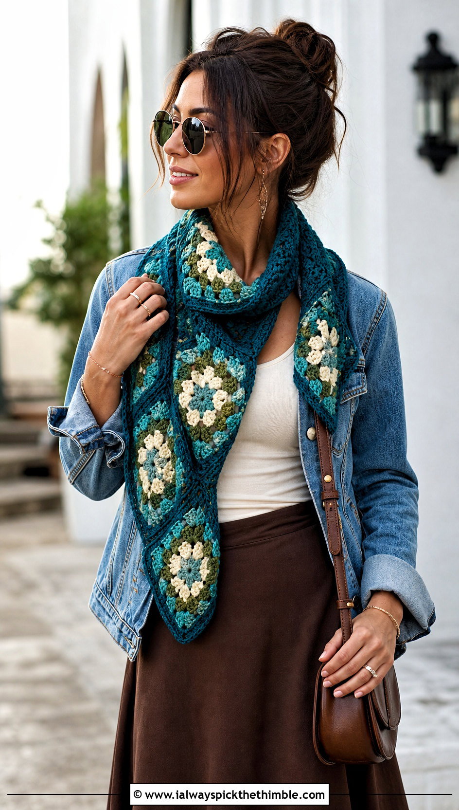 Granny Square Crochet Triangle Scarf With Denim Jacket And Maxi Skirt - 25 crochet triangle scarf outfit ideas