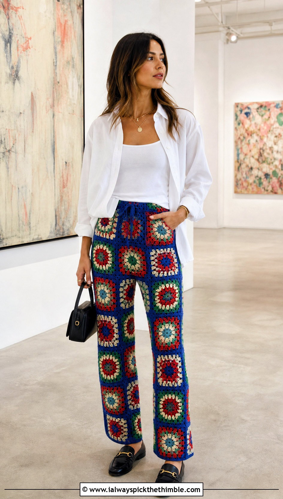 Granny Square Crochet Trousers With White Button Down Shirt - 25 crochet trousers outfit ideas