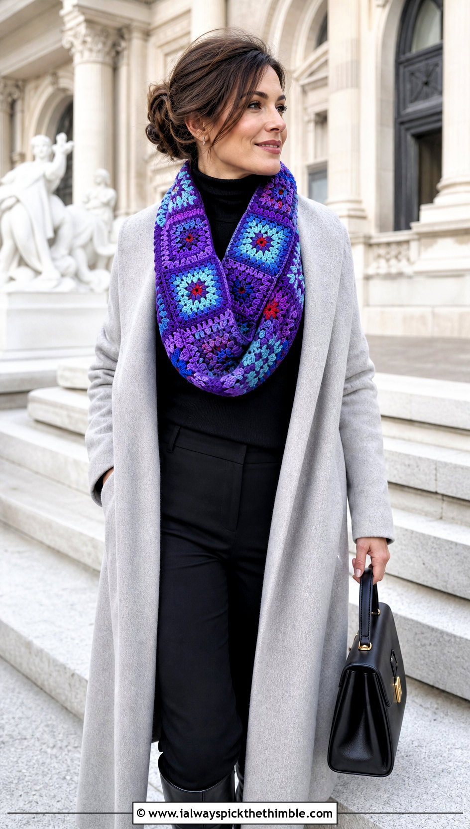 Granny Square Crochet Tube Scarf With Long Overcoat - 20 Crochet Tube Scarf outfit ideas