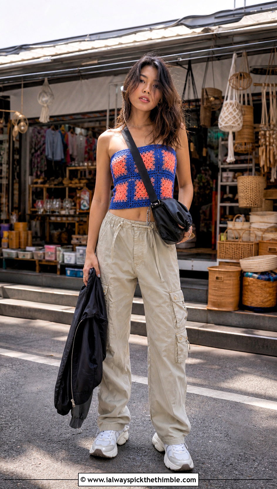 Granny Square Crochet Tube Top With Cargo Pants - 25 crochet tube tops outfit ideas