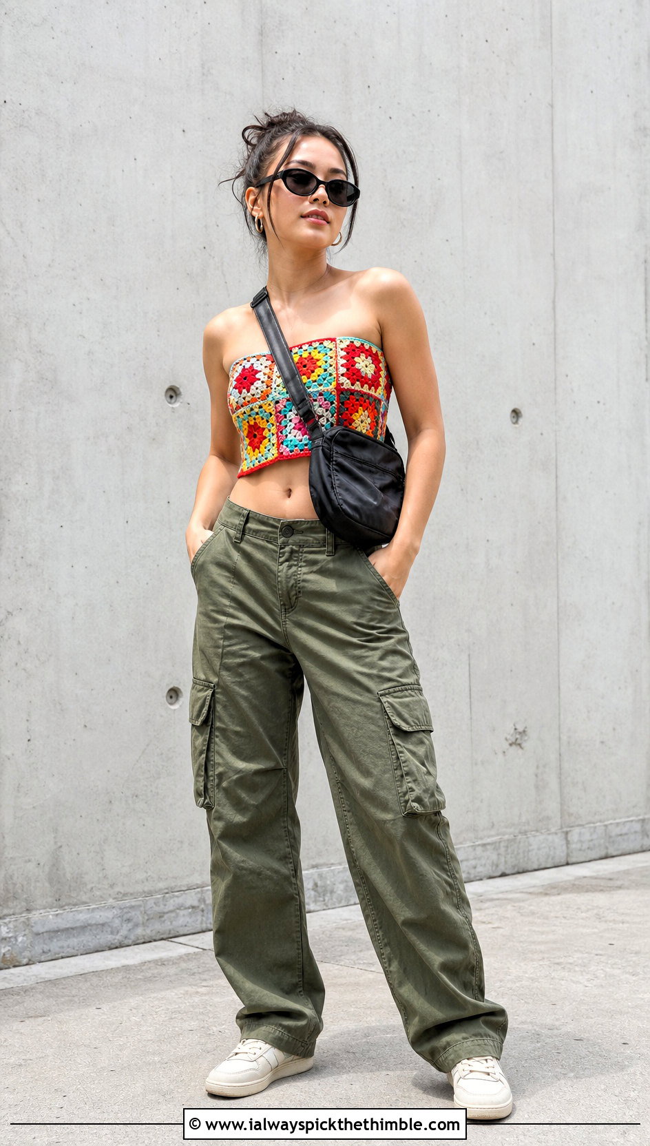 Granny Square Crochet Tube Top With Cargo Pants - 20 Easy Crochet Tube Top outfit ideas
