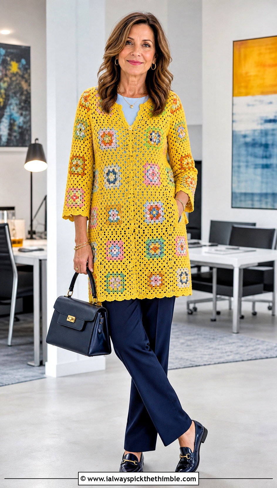 Granny Square Crochet Tunic With Straight Leg Pants - 25 crochet tunic outfit ideas
