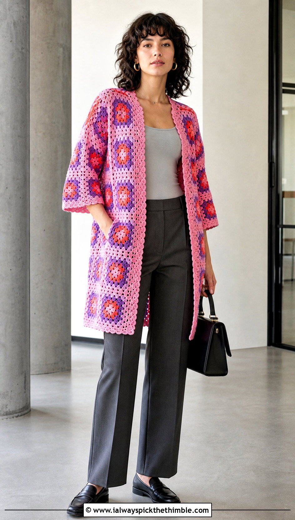 Granny Square Crochet Tunic With Tailored Trousers - 15 Crochet Tunics For Women outfit ideas