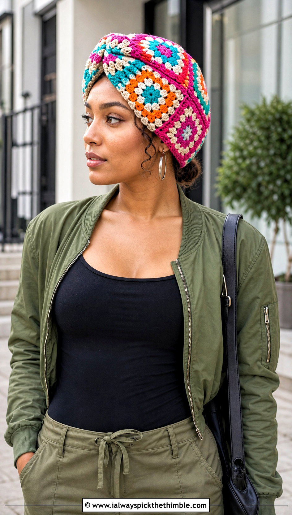 Granny Square Crochet Turban Hat With Cargo Pants And Tank Top - 15 crochet turban style hat outfit ideas