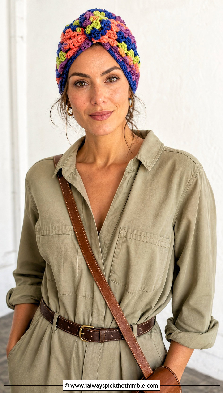 Granny Square Crochet Turban With Utility Jumpsuit - 25 crochet turban outfit ideas