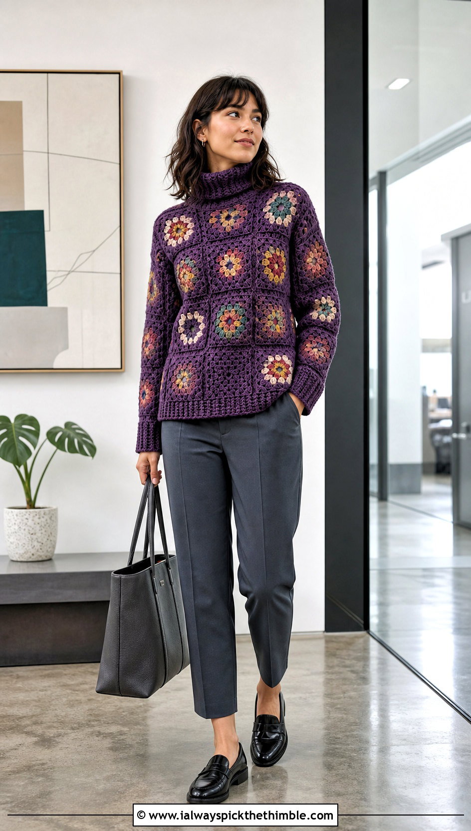 Granny Square Crochet Turtle Neck Sweater With Tailored Pants - 25 crochet turtle neck sweater outfit ideas