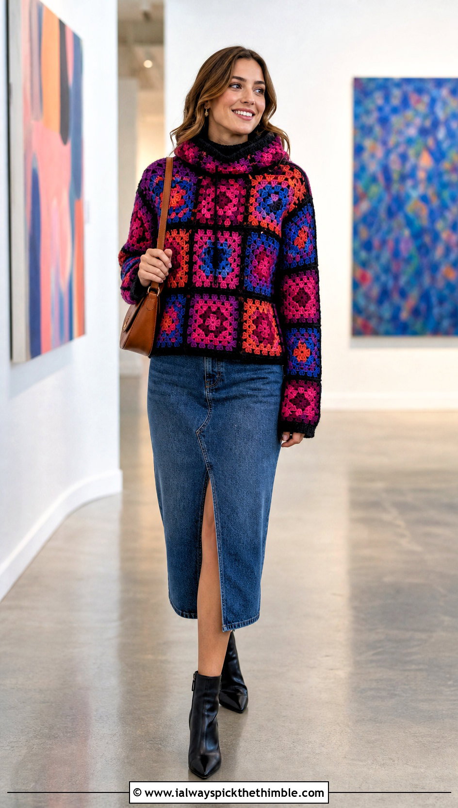 Granny Square Crochet Turtleneck Hoodie With Denim Midi Skirt - 25 crochet turtleneck hoodie outfit ideas