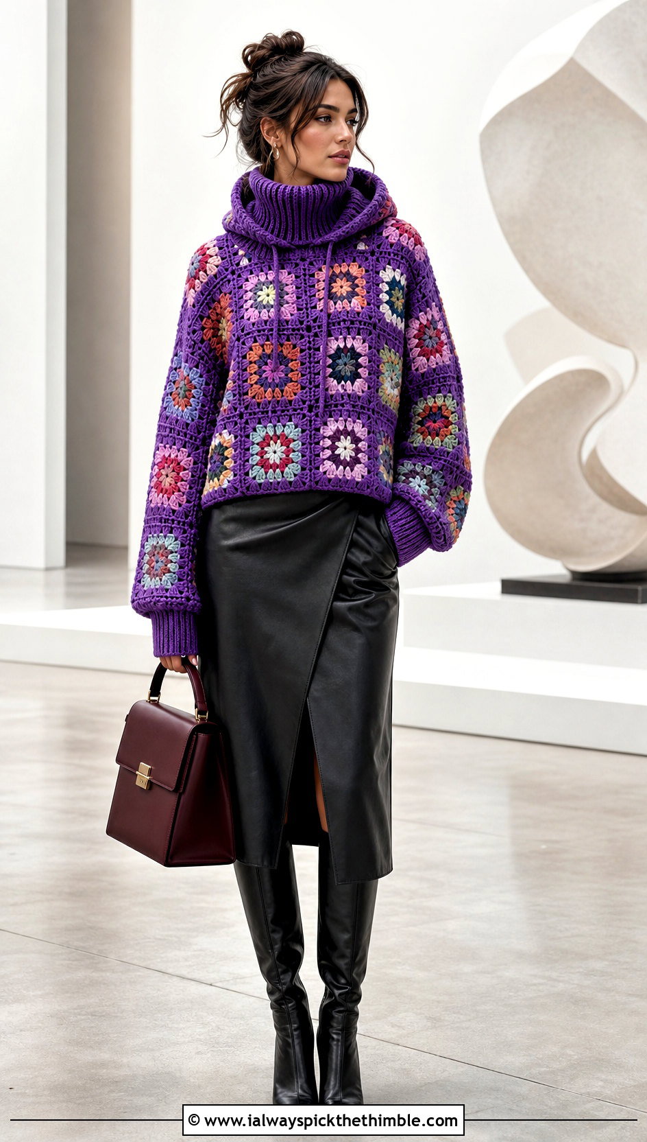 Granny Square Crochet Turtleneck Hoodie With Leather Midi Skirt - 20 crochet turtle neck hoodie outfit ideas
