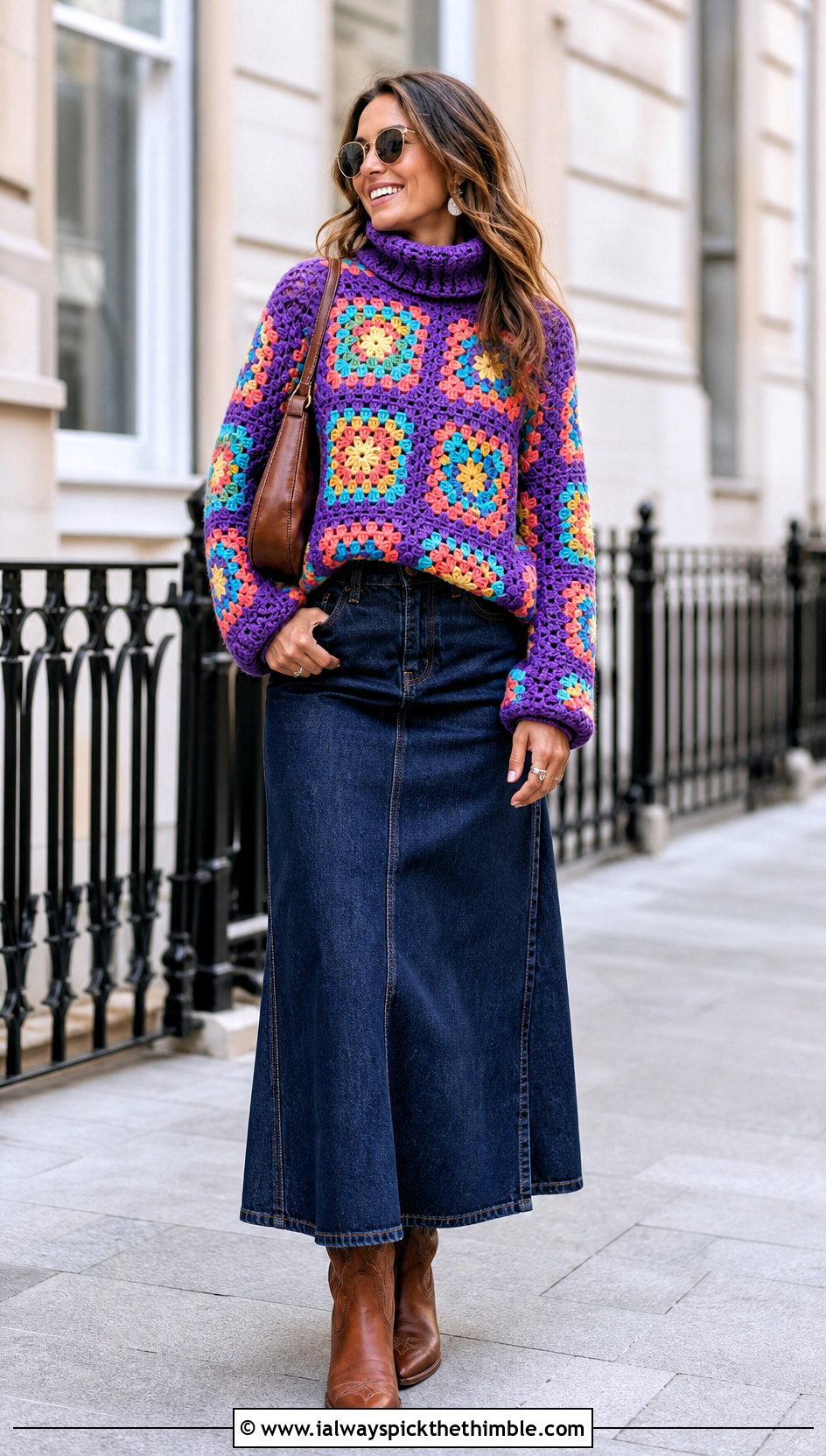 Granny Square Crochet Turtleneck Sweater With Denim Maxi Skirt - 20 crochet turtleneck sweater outfit ideas