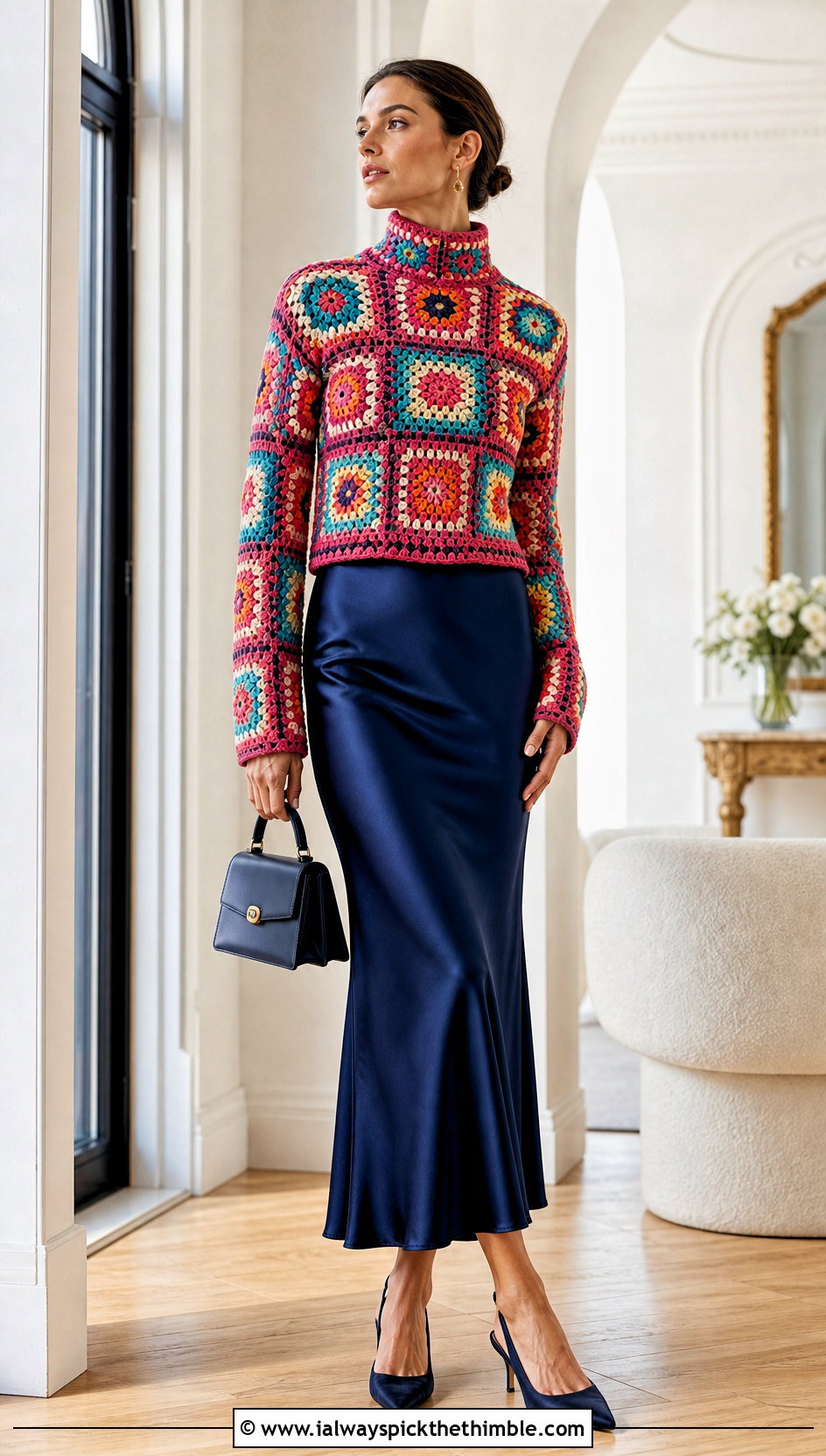 Granny Square Crochet Turtleneck Top With Satin Slip Skirt - 20 crochet turtleneck top outfit ideas