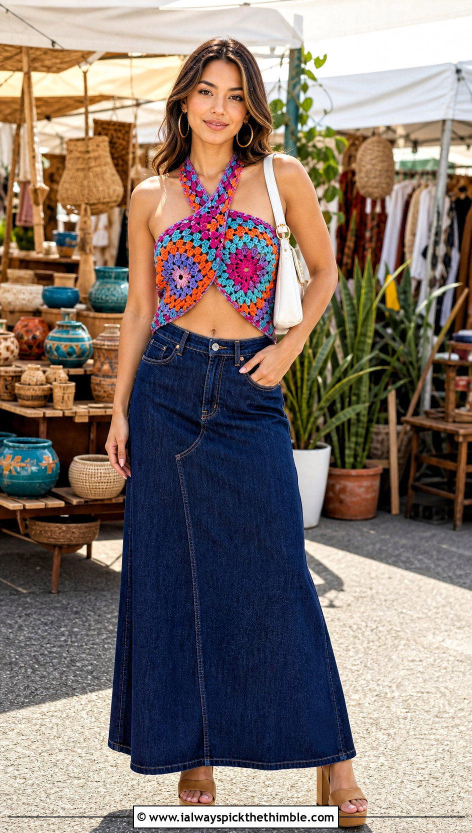 Granny Square Crochet Twist Top With Denim Maxi Skirt - 25 crochet twist top outfit ideas