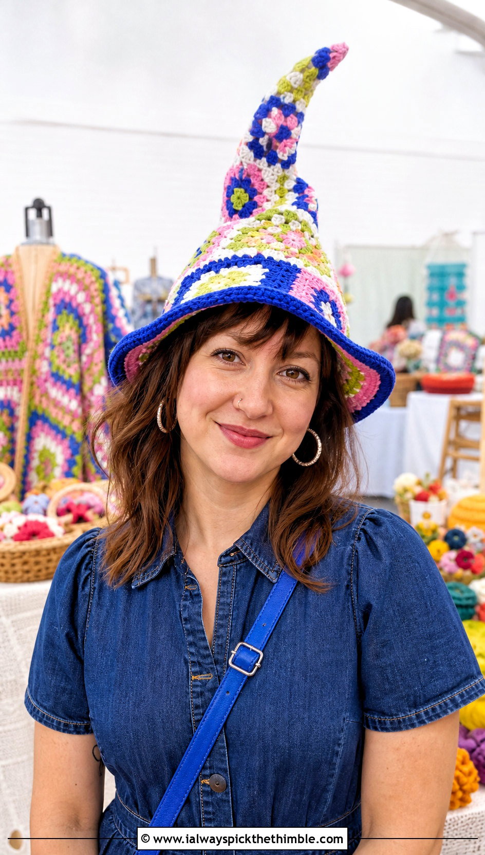 Granny Square Crochet Twisted Witch Hat With Denim Dress - 20 crochet twisted witch hat outfit ideas