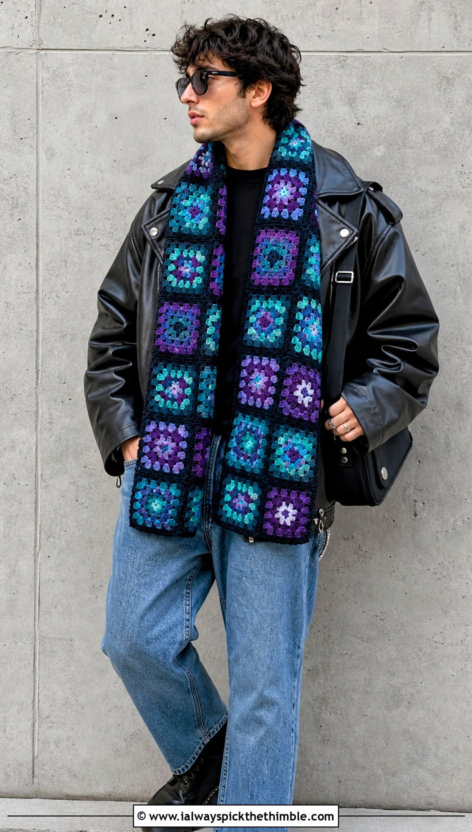 Granny Square Crochet Unisex Scarf With Leather Jacket - 15 Crochet Unisex Scarf outfit ideas