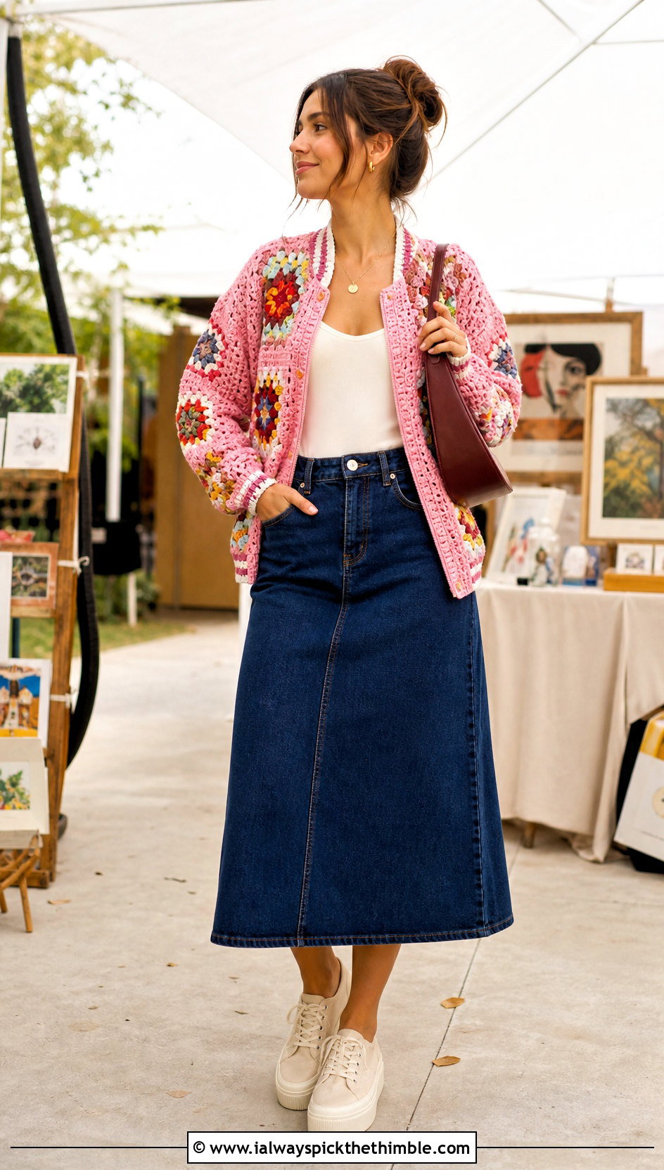 Granny Square Crochet Varsity Jacket With Denim Skirt - 25 crochet varsity jacket outfit ideas