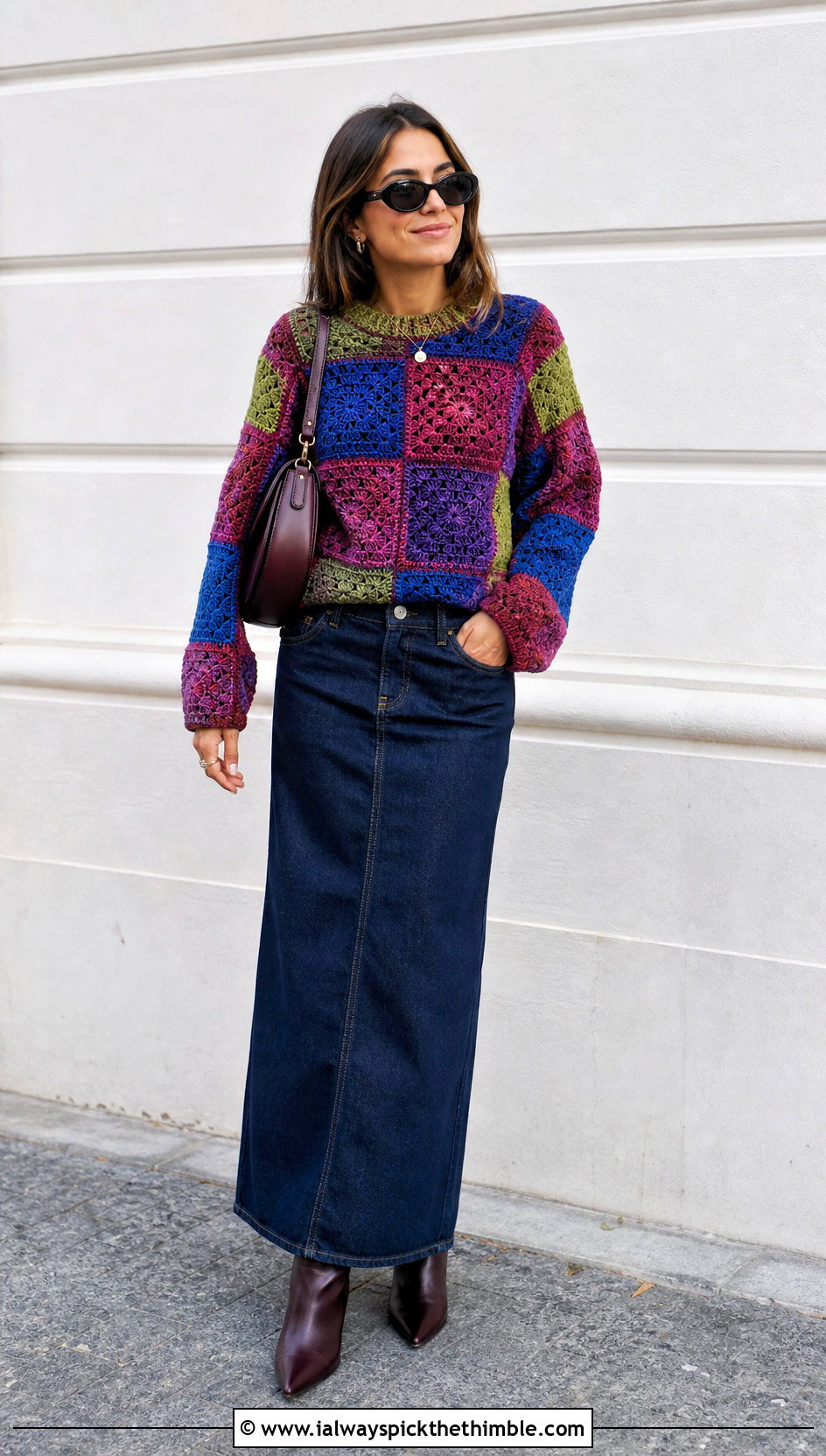 Granny Square Crochet Velvet Sweater With Denim Maxi Skirt - 20 Crochet Velvet Sweater outfit ideas