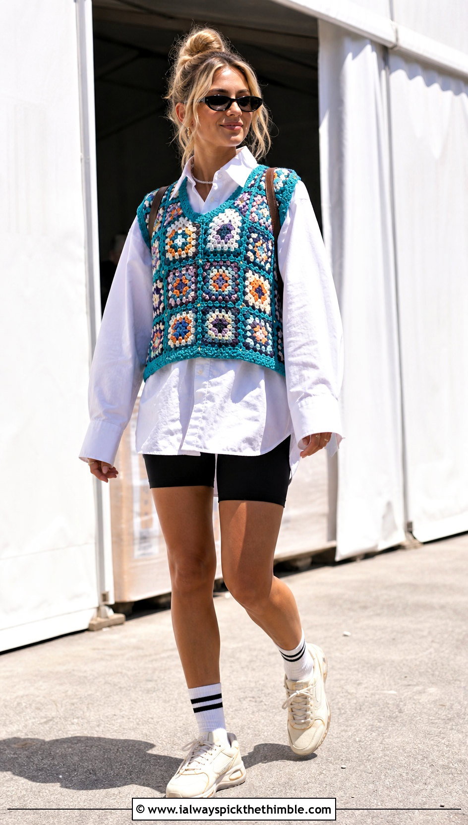 Granny Square Crochet Vest Festival Outfit With Biker Shorts - 20 Crochet Festival Outfit ideas