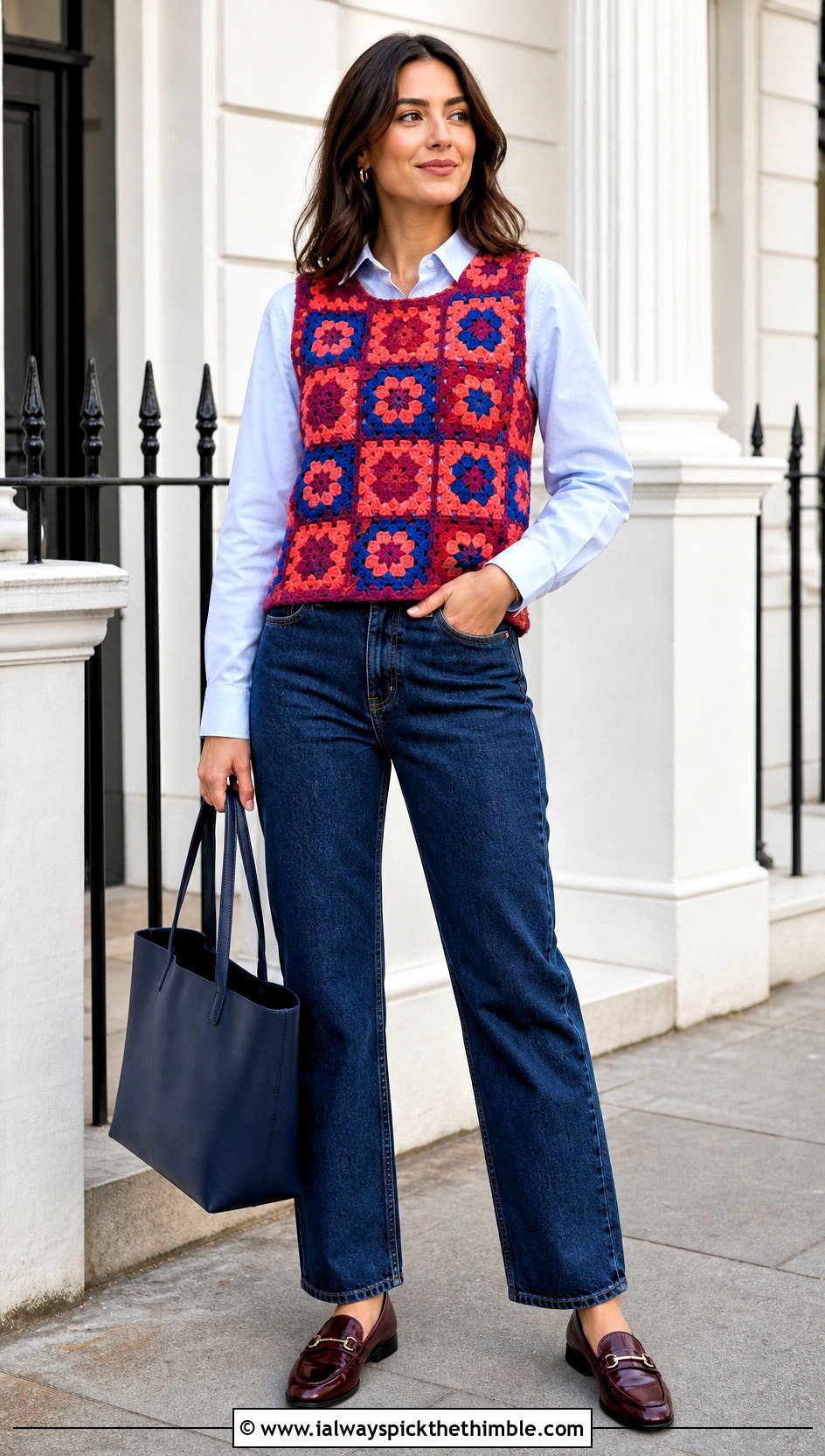 Granny Square Crochet Vest Top With Button Down Shirt - 25 colorful crochet top outfit ideas