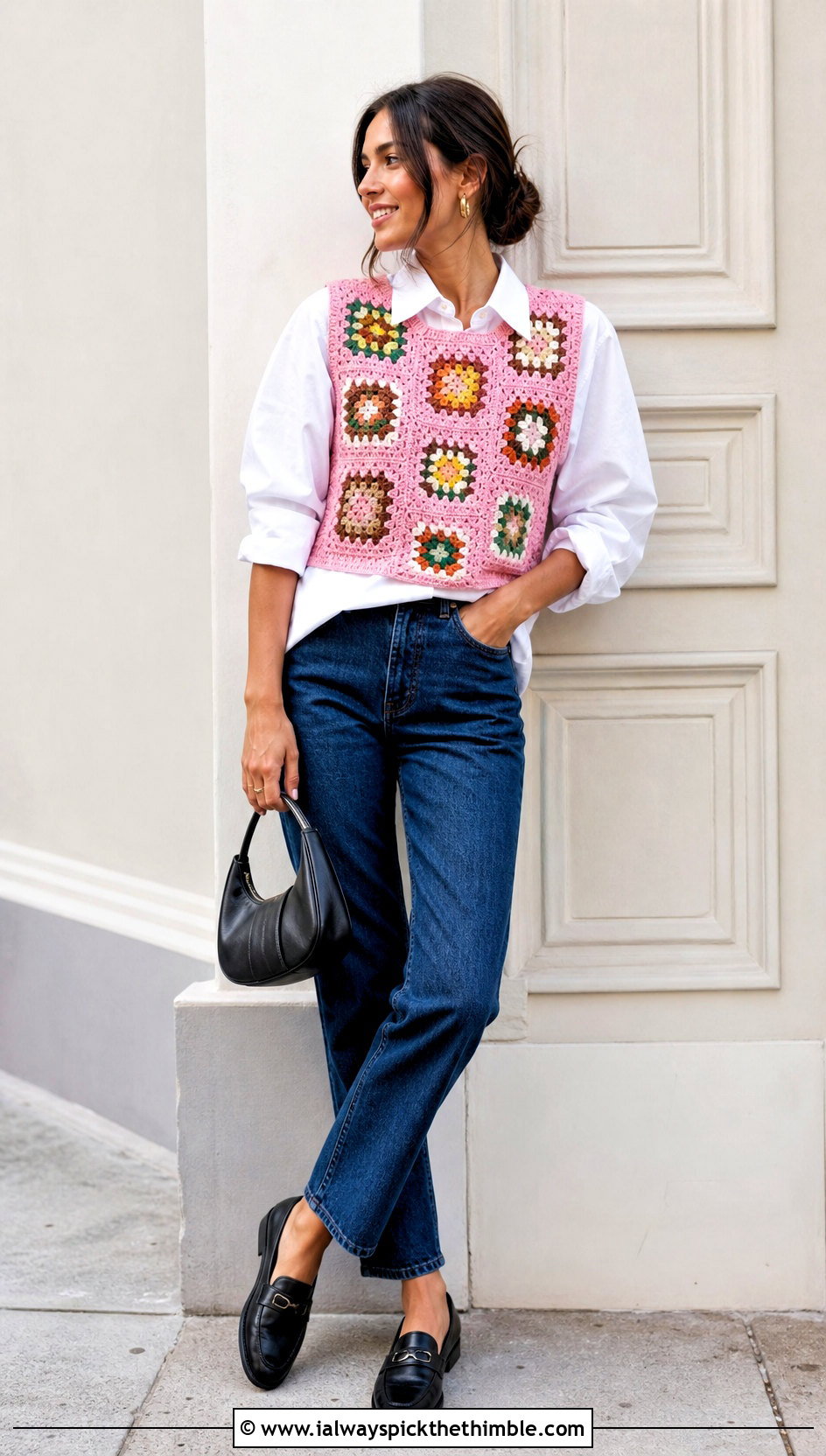 Granny Square Crochet Vest Top With Straight Leg Jeans - 15 easy crochet tops for women outfit ideas