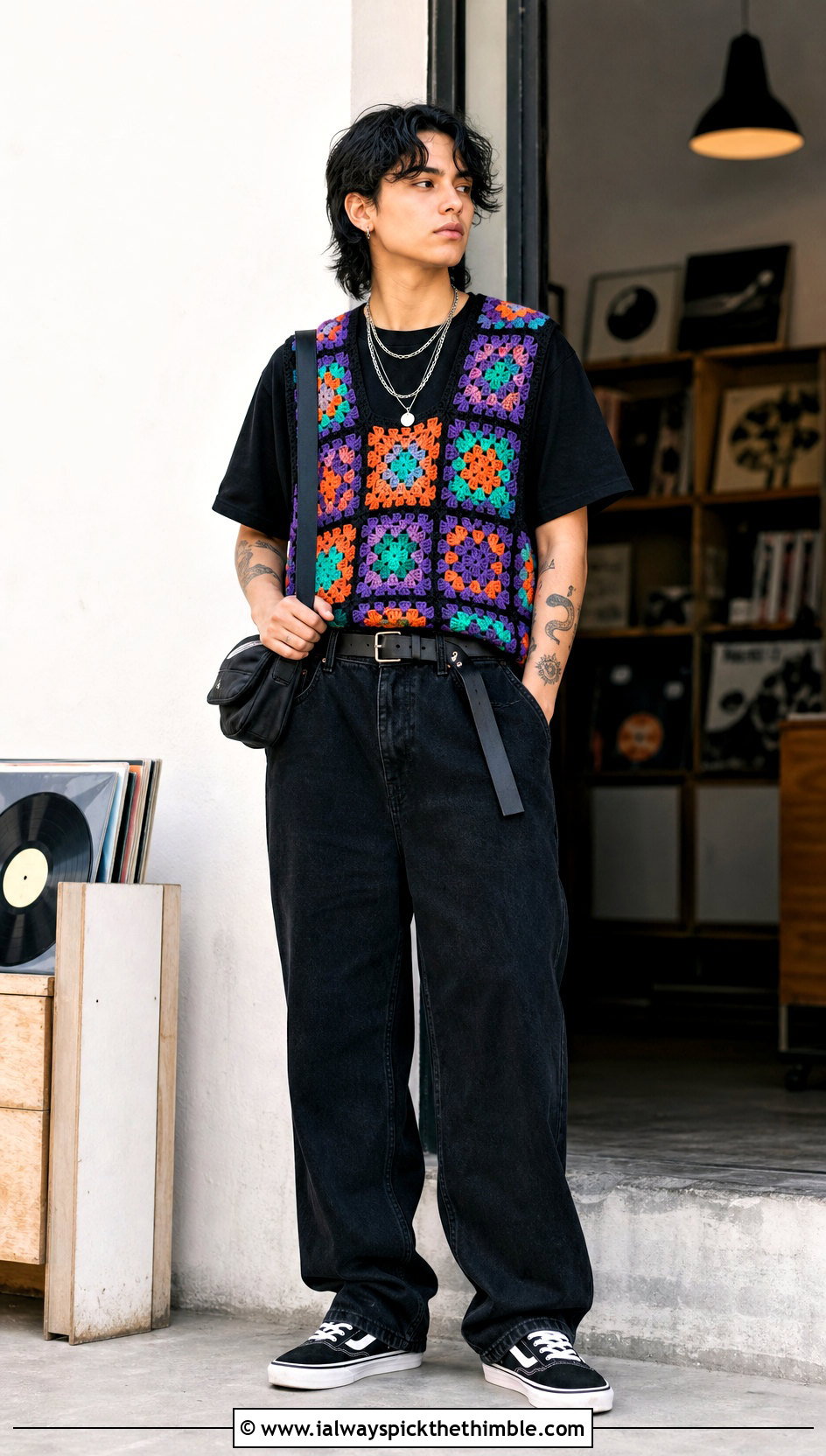 Granny Square Crochet Vest With Black T Shirt And Wide Jeans - 20 Masc Crochet Clothes and outfit ideas