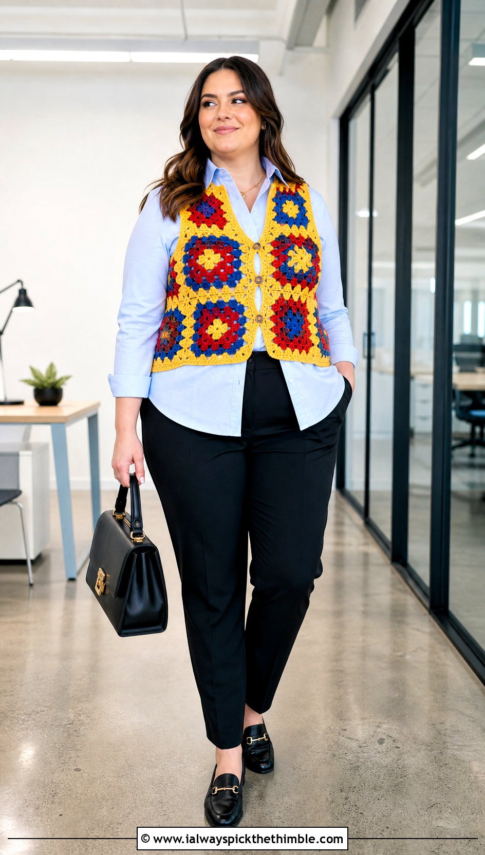 Granny Square Crochet Vest With Button Down Shirt - 25 crochet layering top outfit ideas