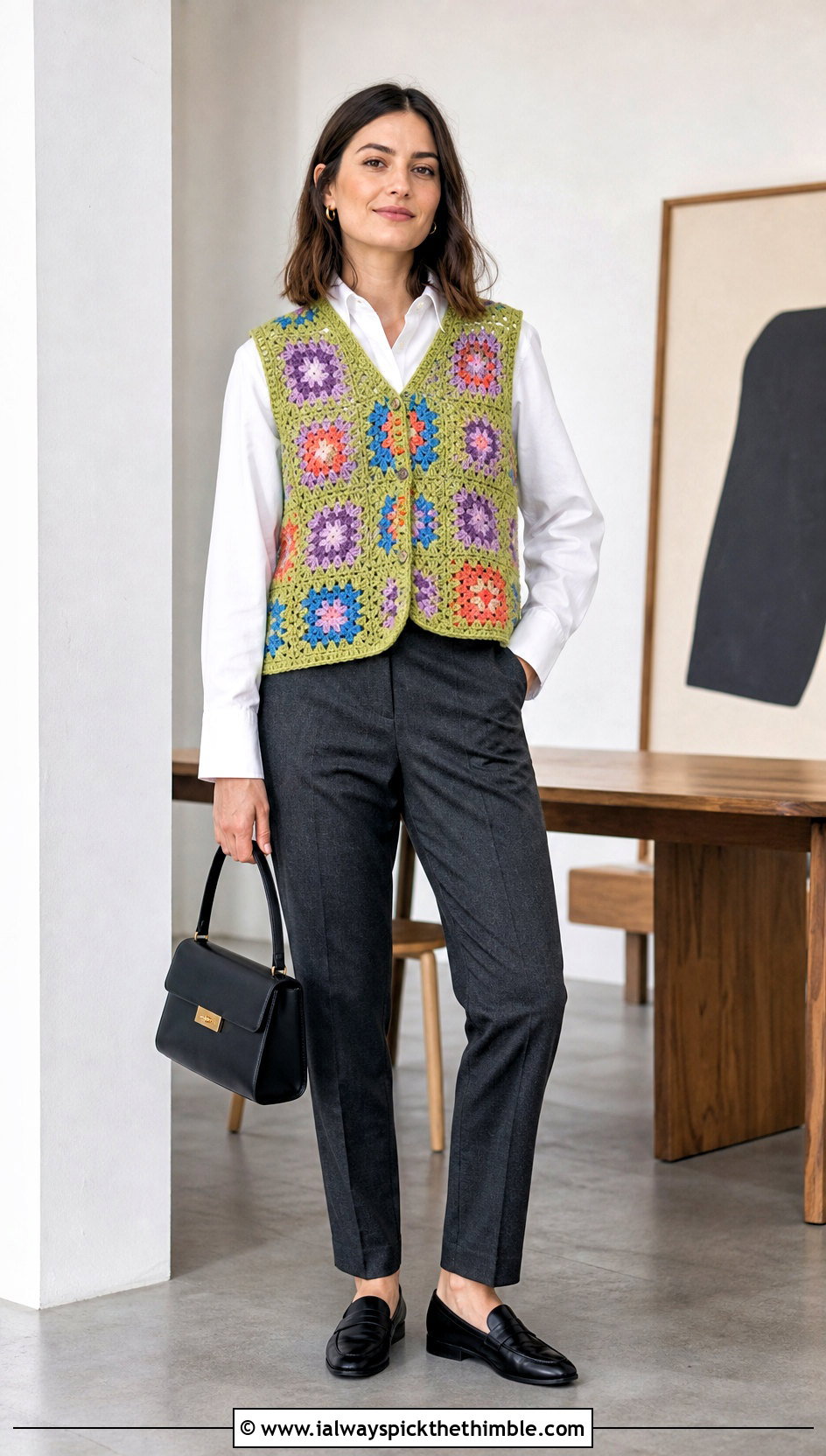 Granny Square Crochet Vest With Button Down Shirt - 25 cute crochet outfits ideas