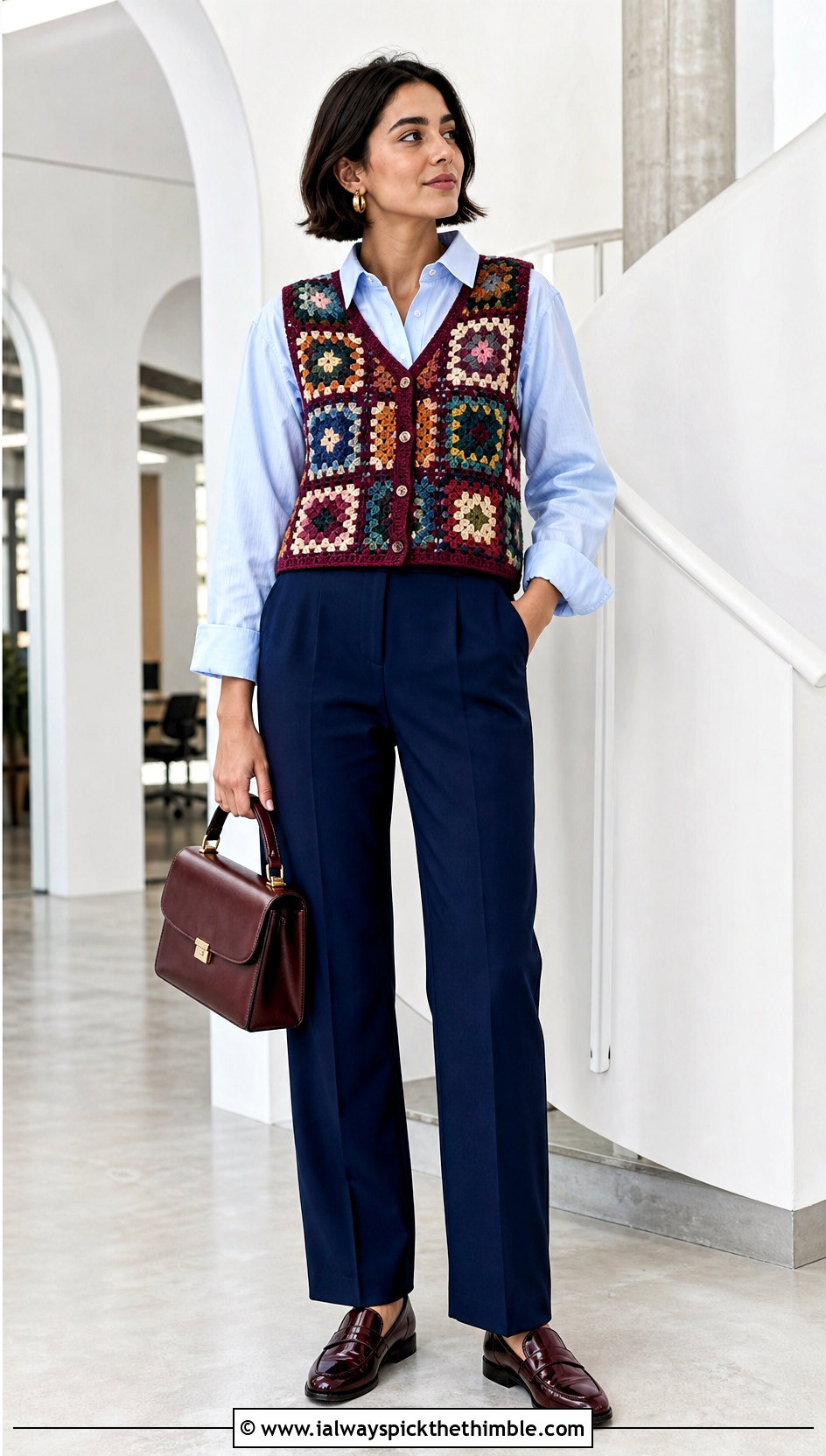 Granny Square Crochet Vest With Button Down Shirt - 25 easy crochet tops outfit ideas