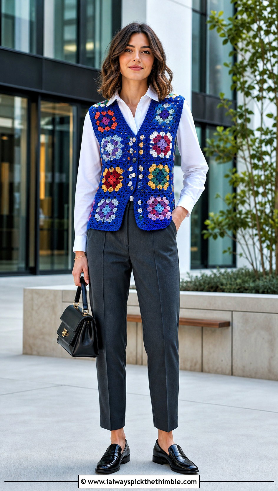 Granny Square Crochet Vest With Button Down Shirt And Trousers - 20 dainty crochet top outfit ideas
