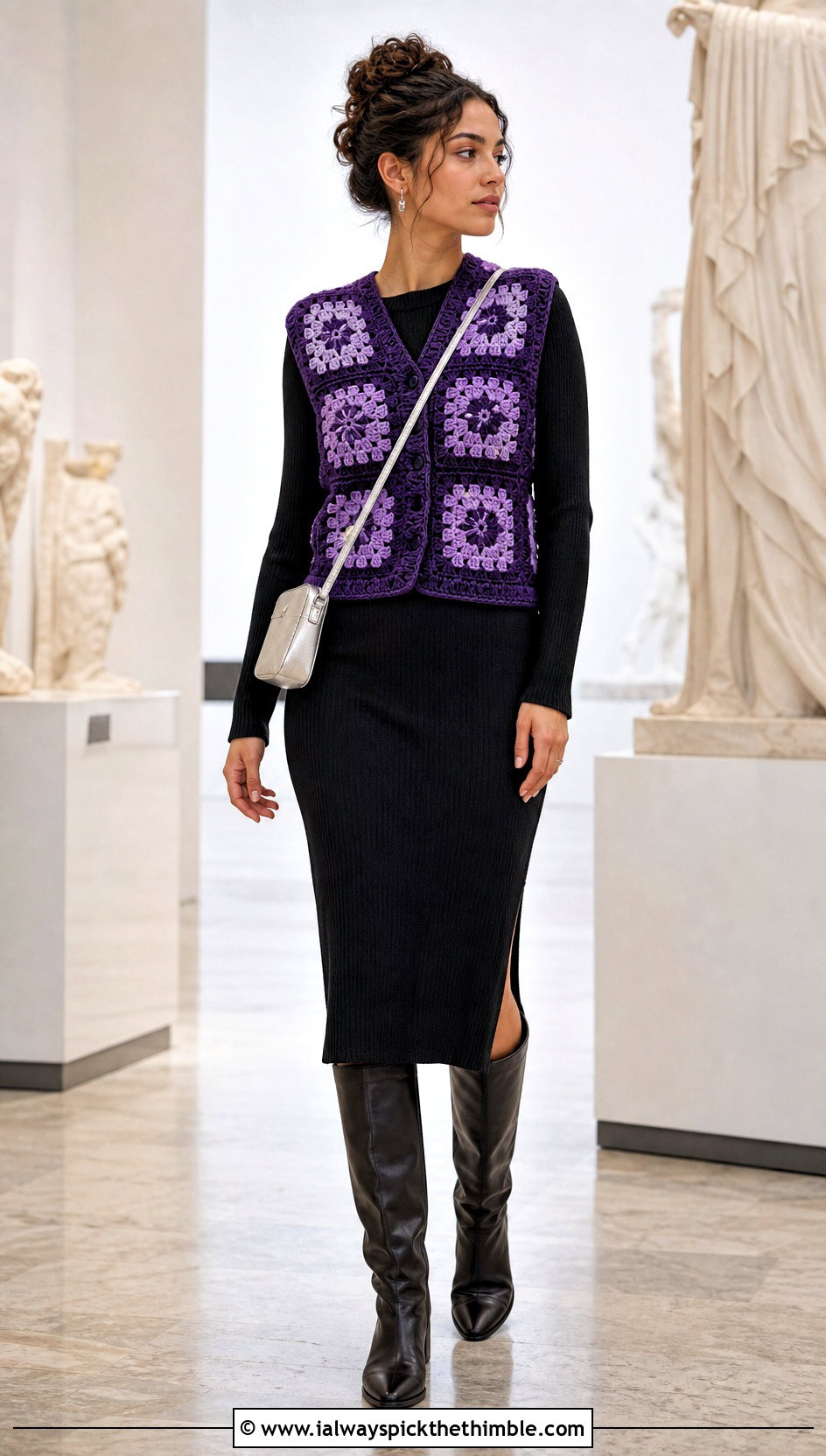 Granny Square Crochet Vest With Knit Midi Dress - 15 Crochet Fall Vest outfit ideas