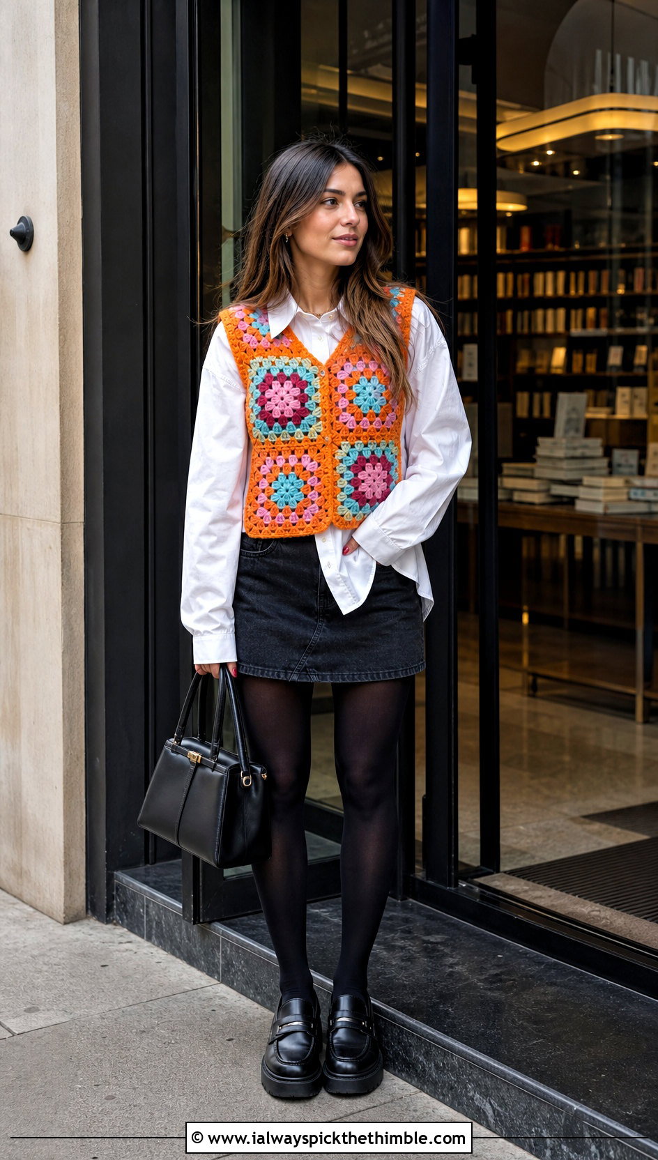 Granny Square Crochet Vest With Oversized Shirt - 20 Edgy Crochet Clothes and outfit ideas