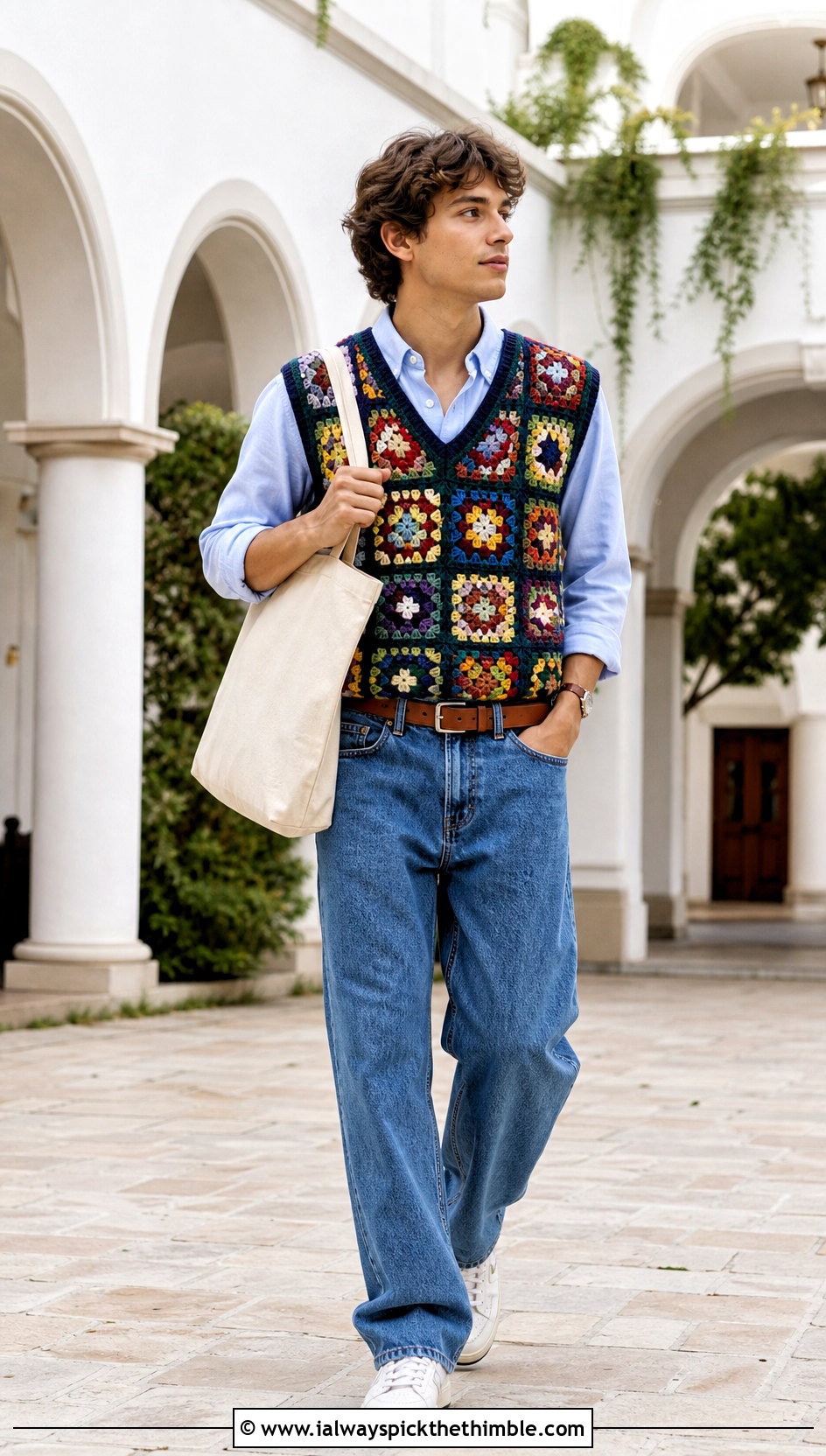 Granny Square Crochet Vest With Oxford Shirt - 20 Mens Crochet Outfit ideas