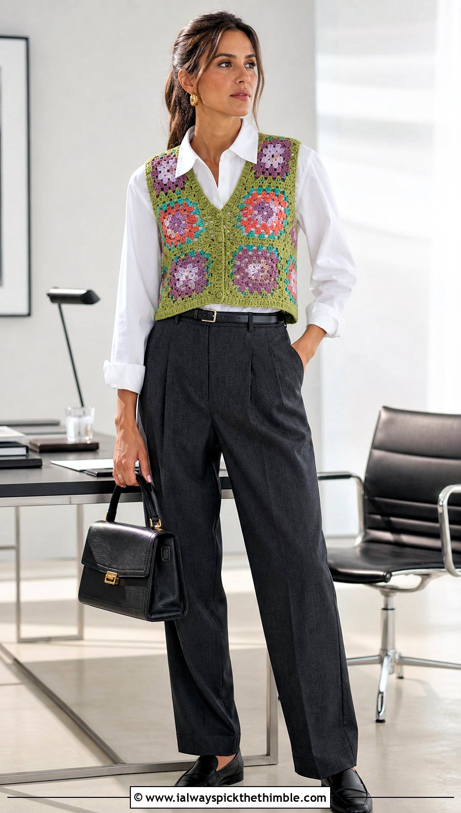 Granny Square Crochet Vest With Pleated Trousers - 20 Crochet 80S Clothes and outfit ideas