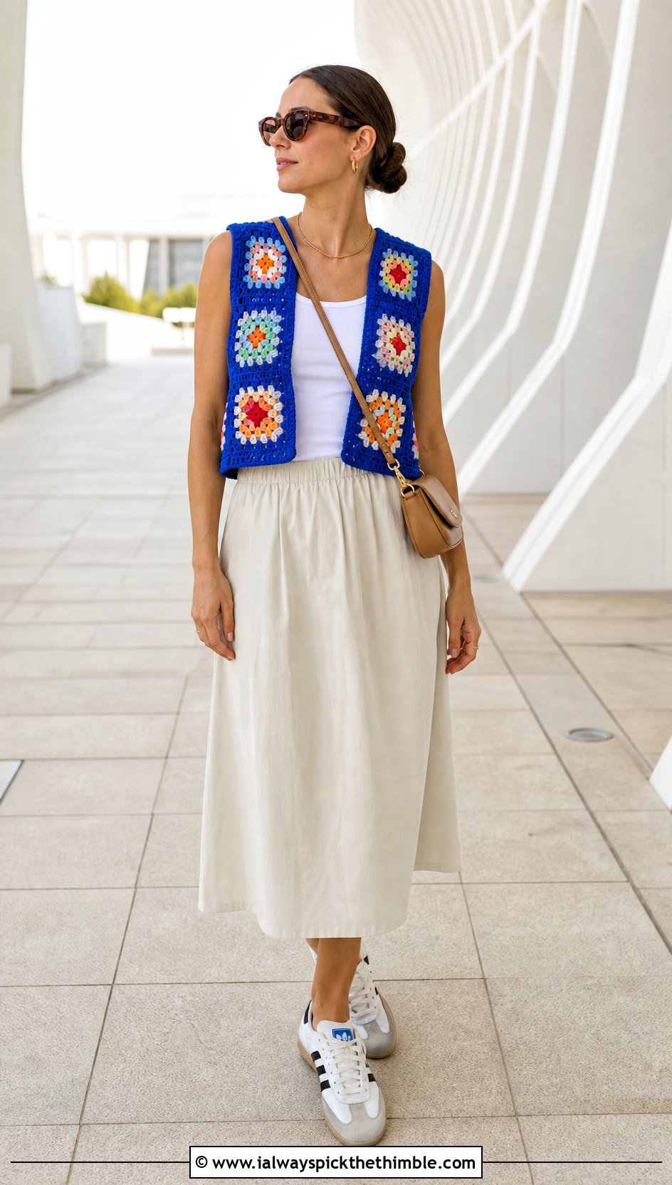 Granny Square Crochet Vest With Poplin Midi Skirt - 20 crochet summer clothing and outfit ideas