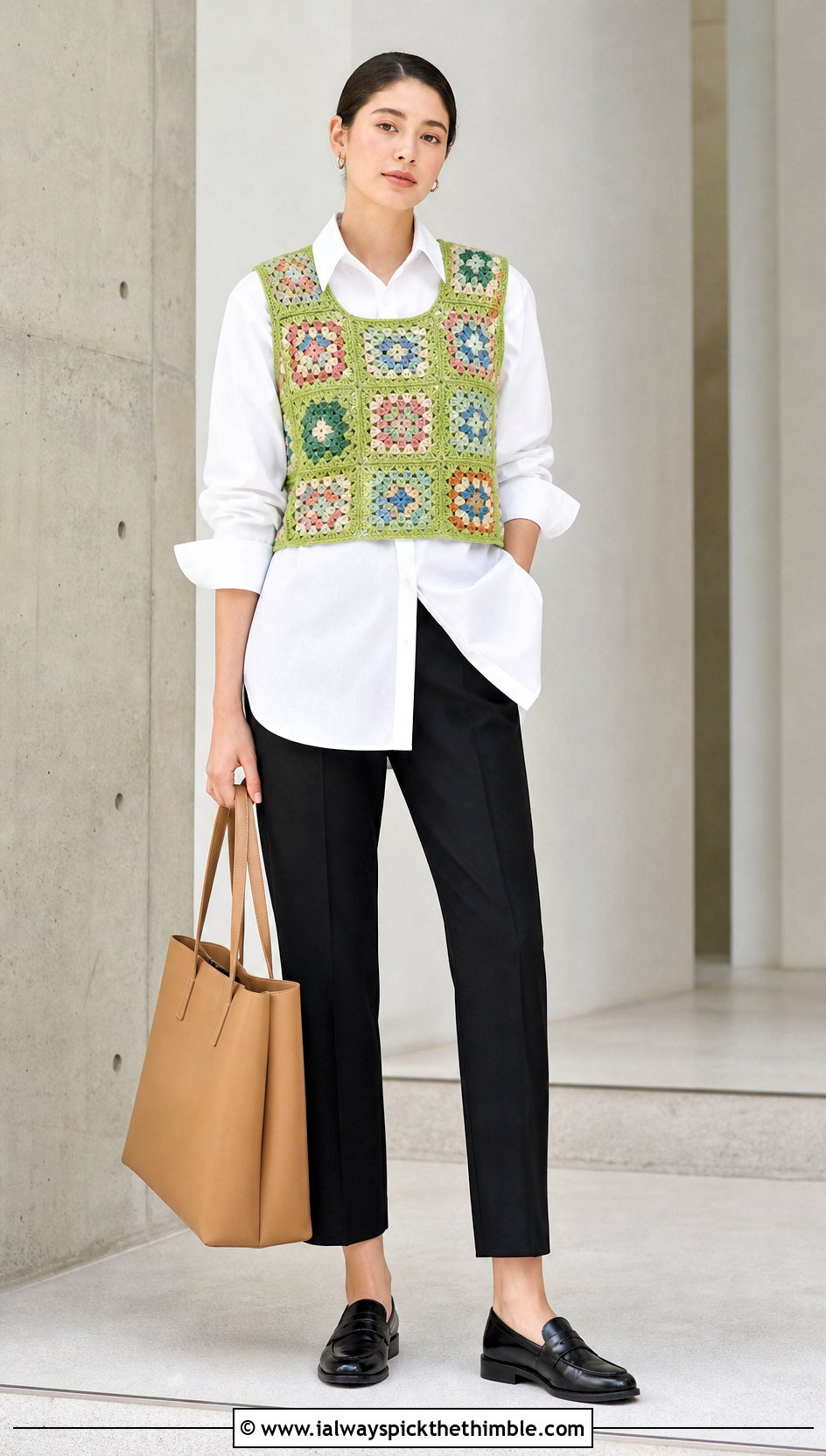 Granny Square Crochet Vest With Poplin Shirt - 20 crochet womens clothes and outfit ideas