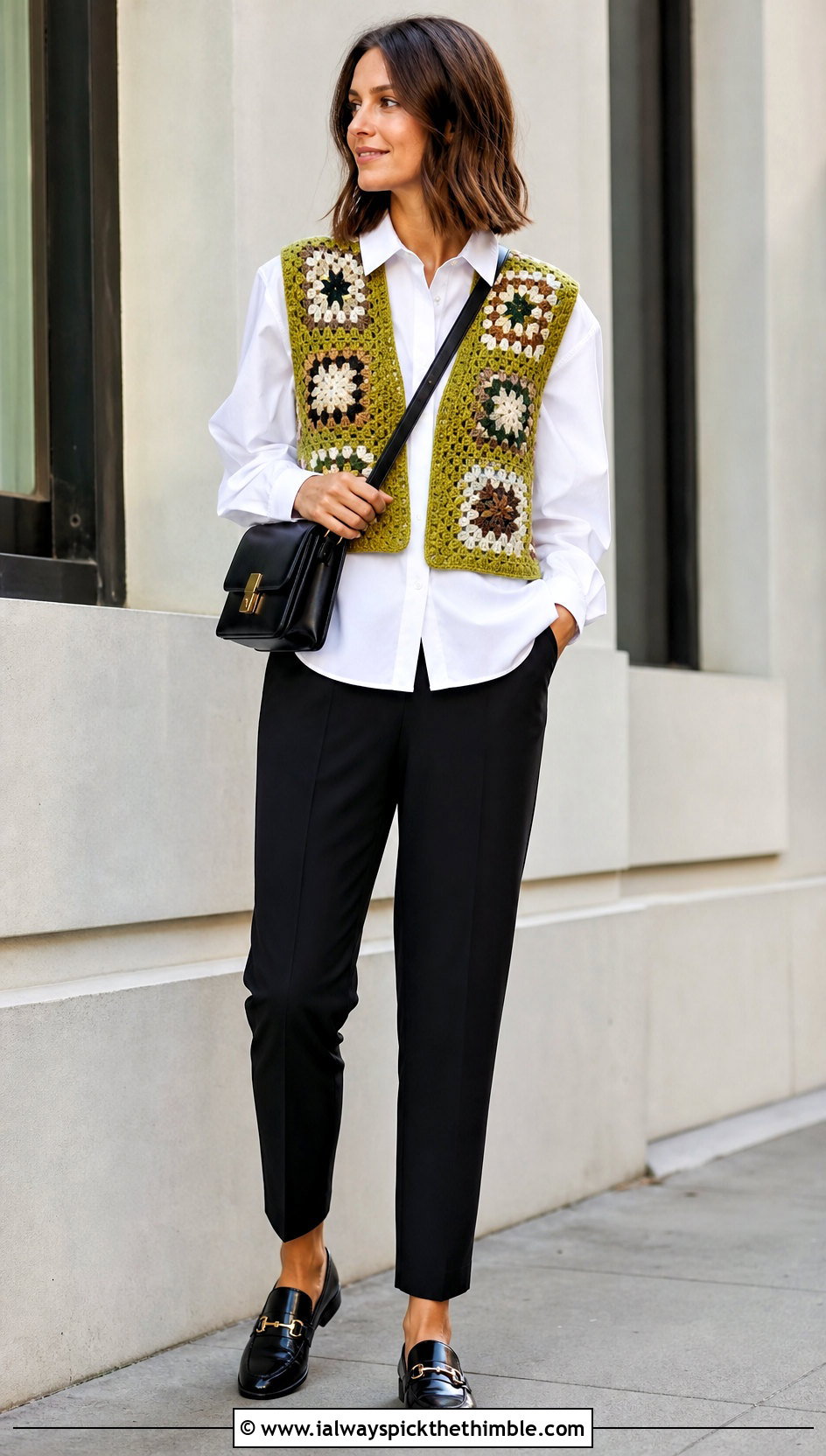 Granny Square Crochet Vest With Poplin Shirt - 15 crochet top with openwork outfit ideas
