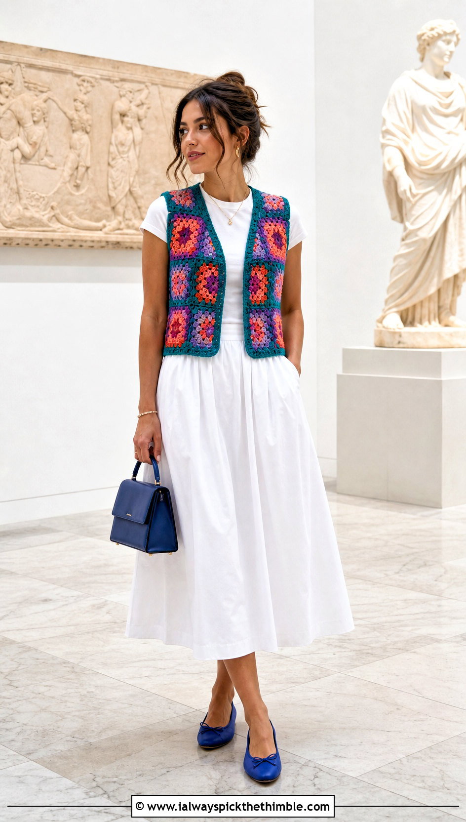 Granny Square Crochet Vest With Poplin Skirt - 15 Summer Crochet Clothing Style outfit ideas