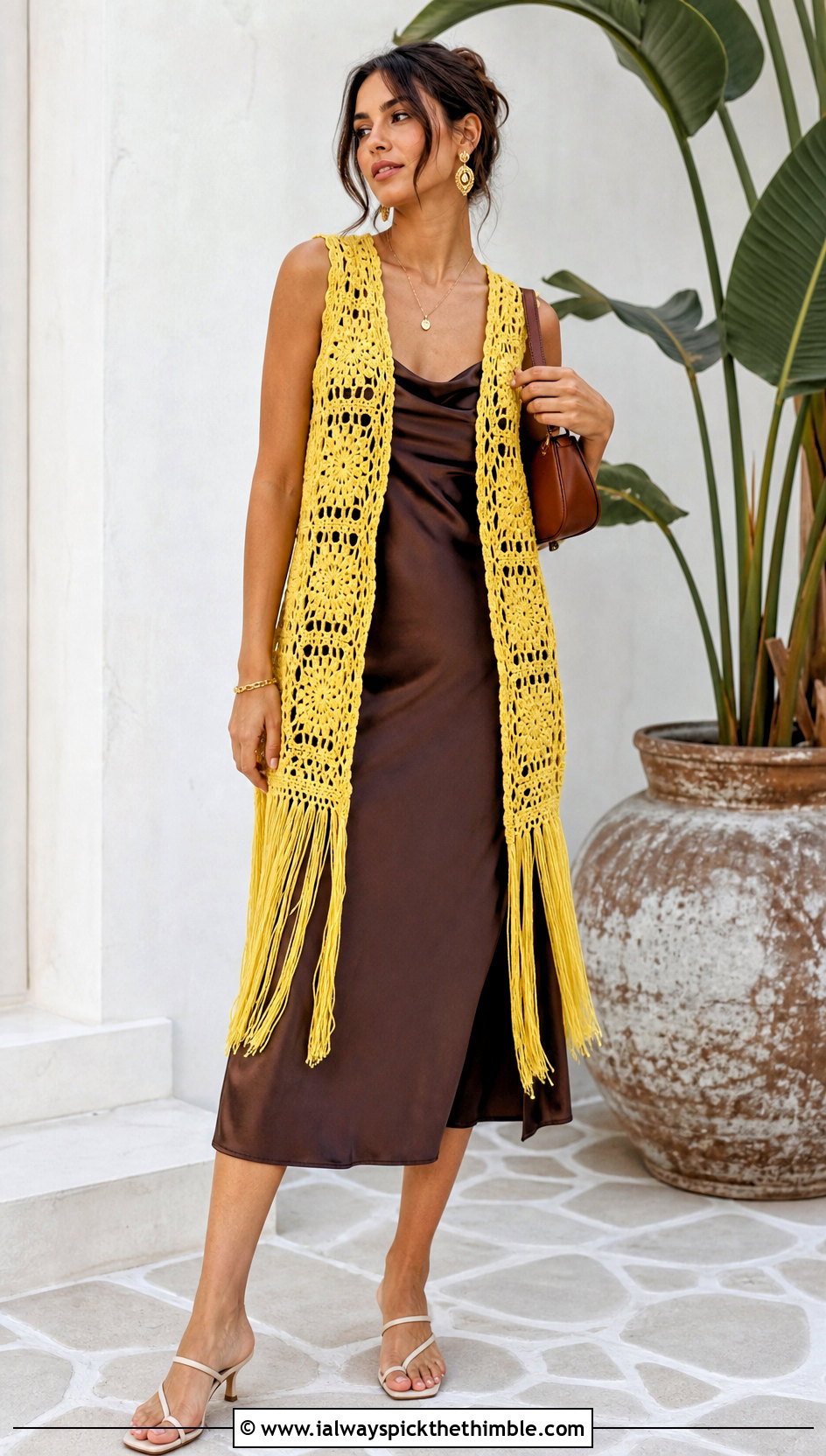 Granny Square Crochet Vest With Satin Slip Dress - 15 long crochet vest with fringe outfit ideas