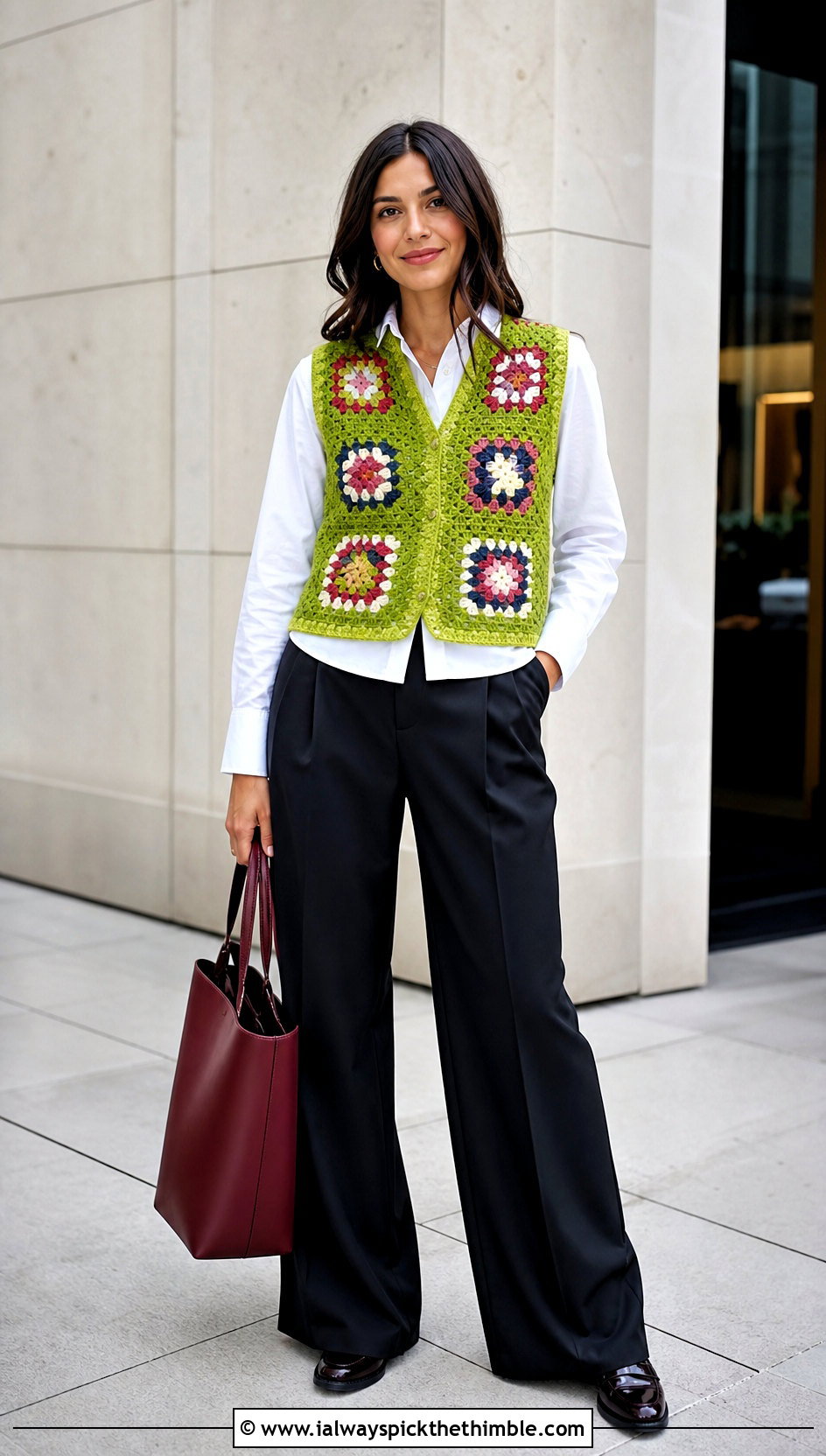 Granny Square Crochet Vest With Shirt And Trousers - 20 crochet holiday outfit ideas