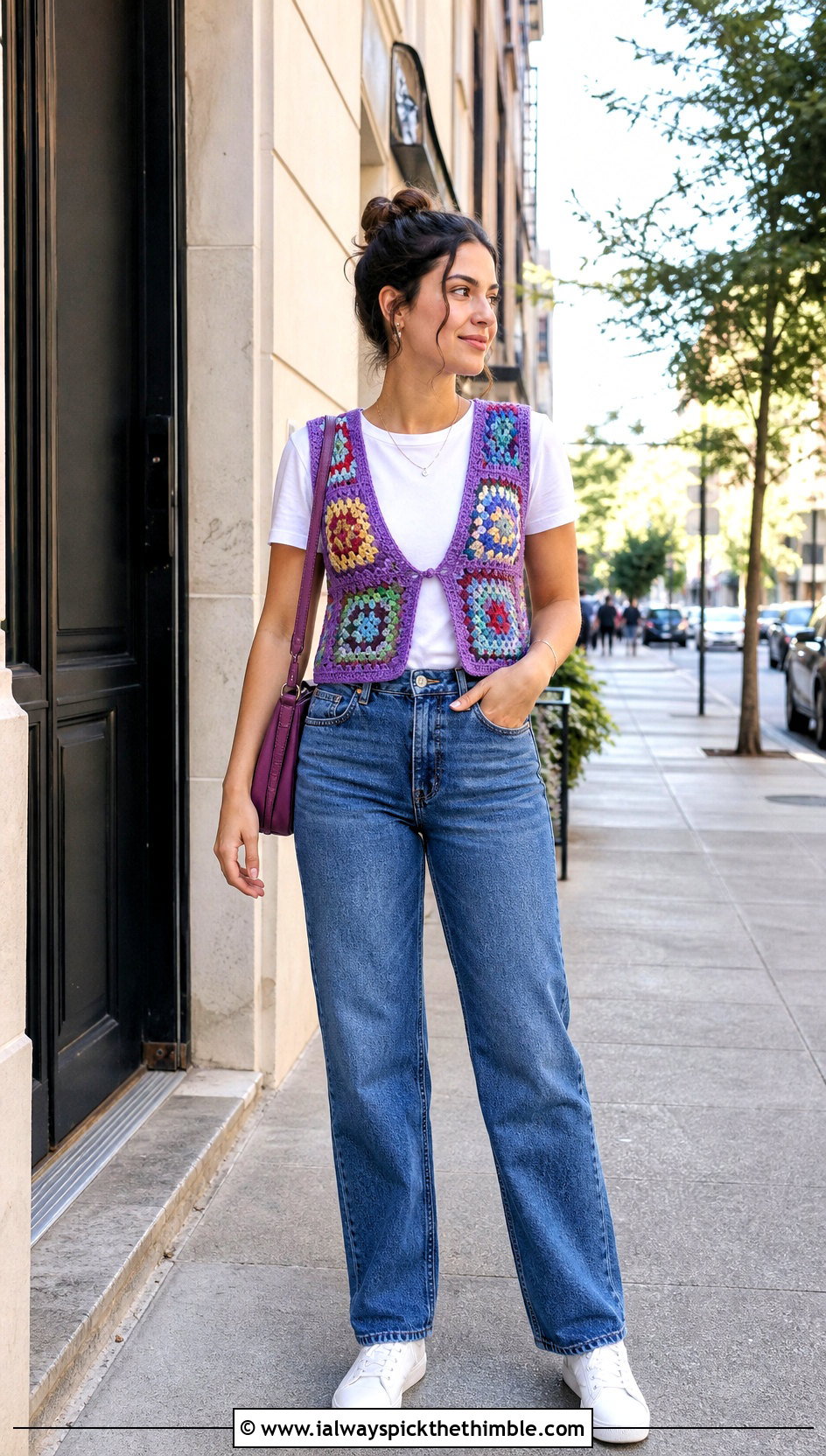 Granny Square Crochet Vest With Straight Leg Jeans - 25 crochet vest outfits for women outfit ideas