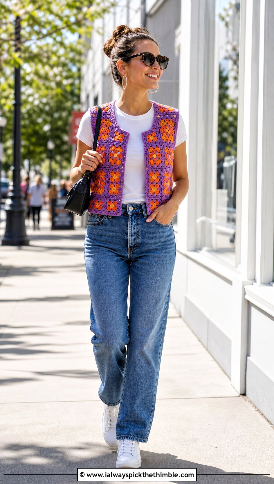 Granny Square Crochet Vest With Straight Leg Jeans - 15 modern crochet vest outfit ideas